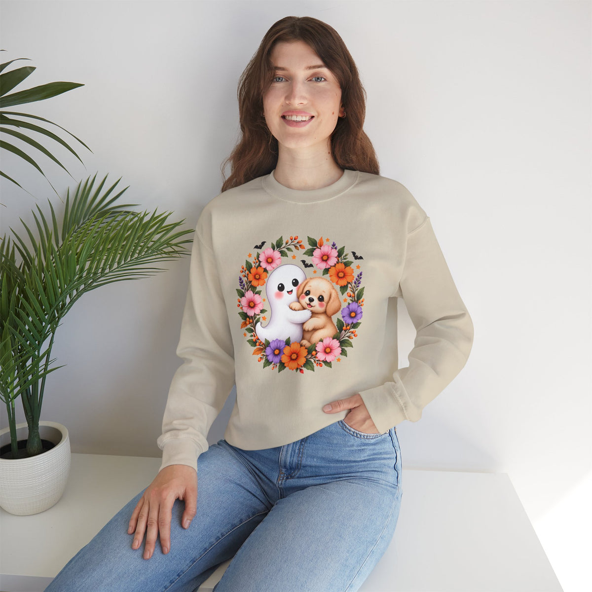 Cute Ghost & Puppy Halloween Sweatshirt,  Floral Crewneck - 14515