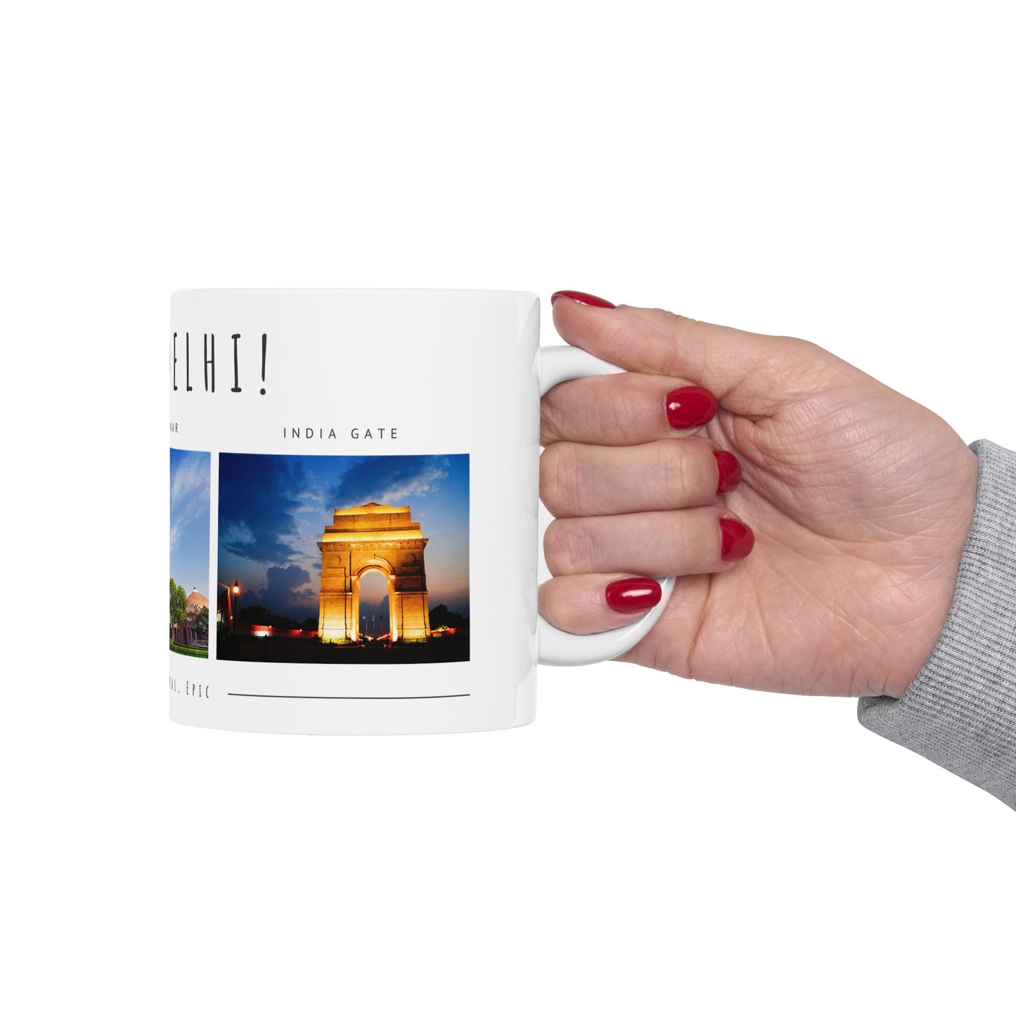 Hello Delhi! Ceramic Mug - 11oz & 15oz Travel Souvenir with Scenic Landmarks - 12025