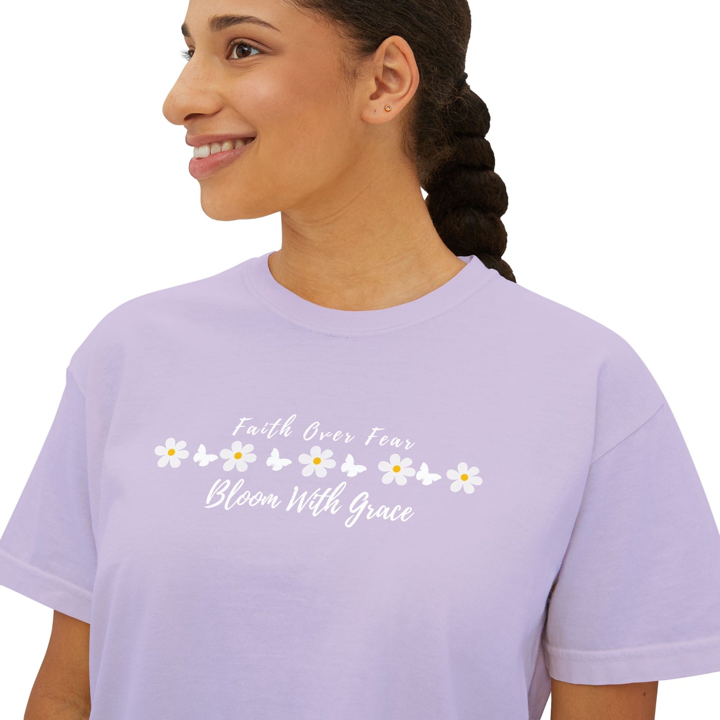 Faith Over Fear Floral Boxy Tee, “Bloom With Grace” Christian Crop Shirt - 14950