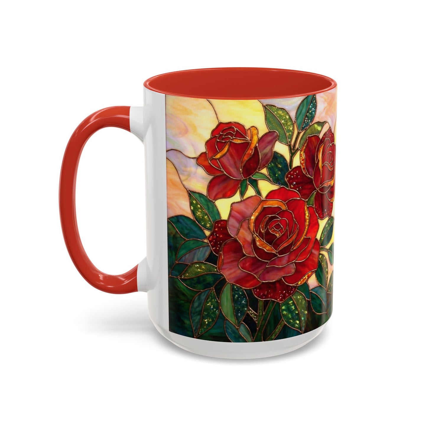 Rose Stained Glass Accent Coffee Mug – Red Roses Floral 11/15oz - 14539