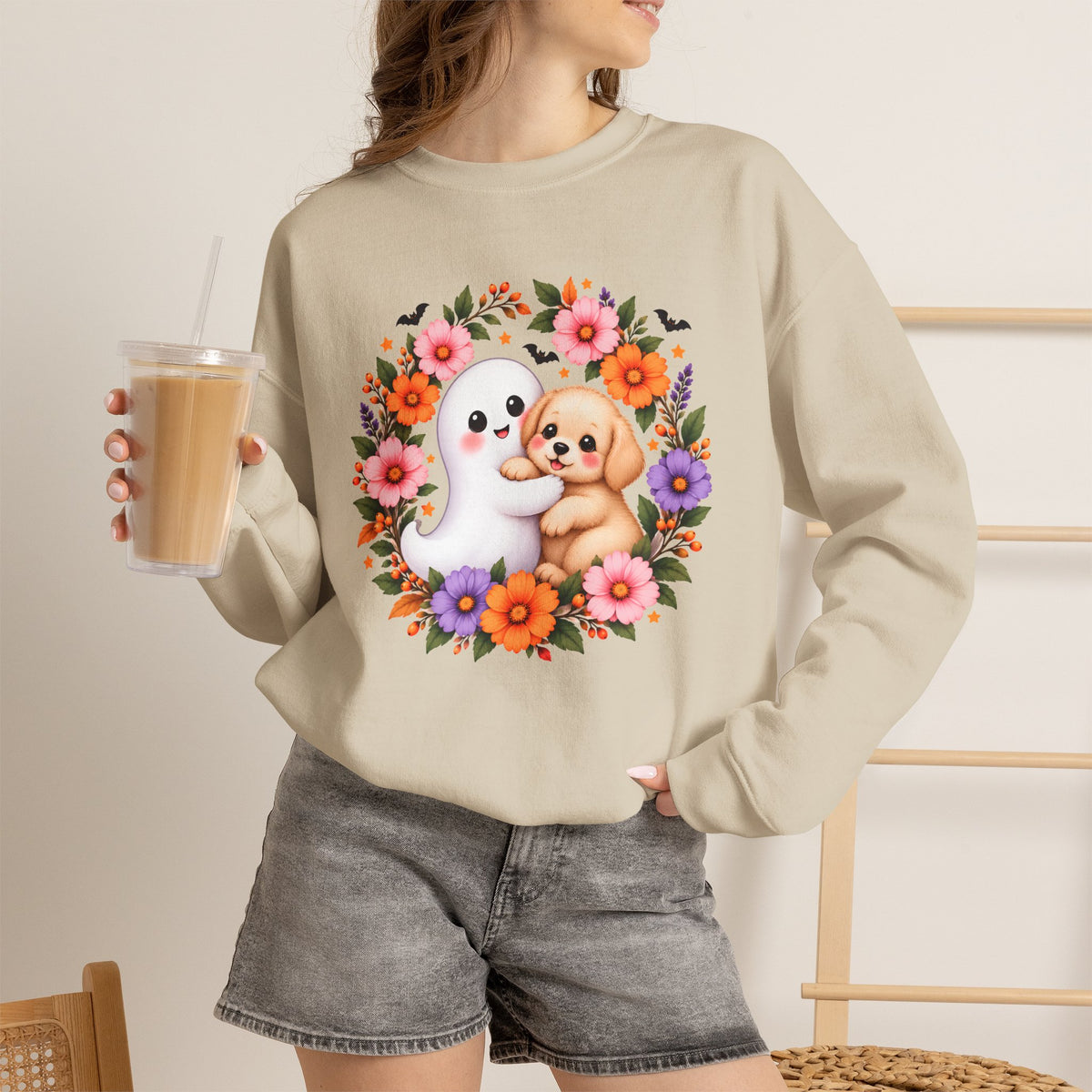 Cute Ghost & Puppy Halloween Sweatshirt,  Floral Crewneck - 14515