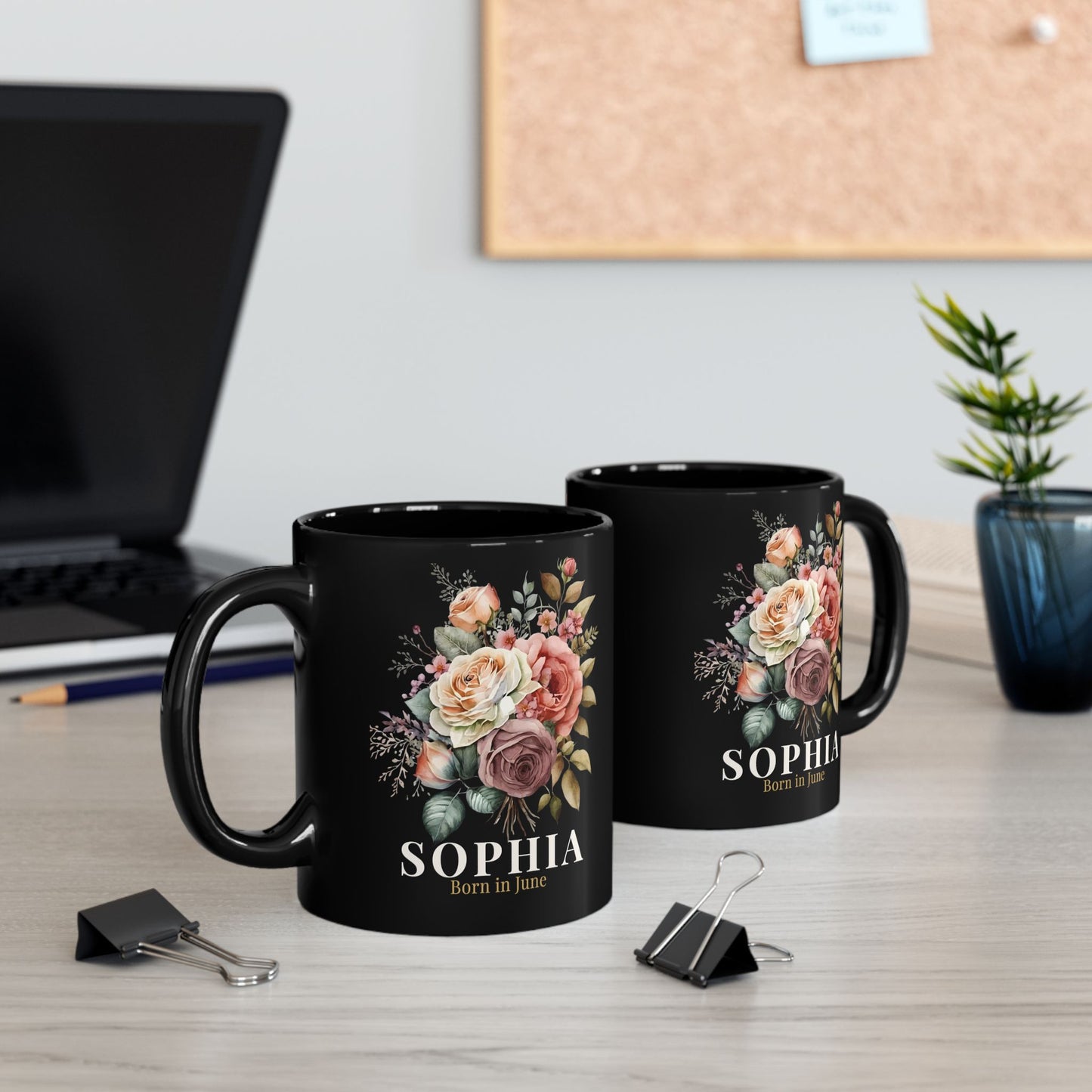 Custom Born in June Mug – Personalized June Birthday Floral Rose Coffee Cup, Black Ceramic Mug 11oz 15oz - 14894