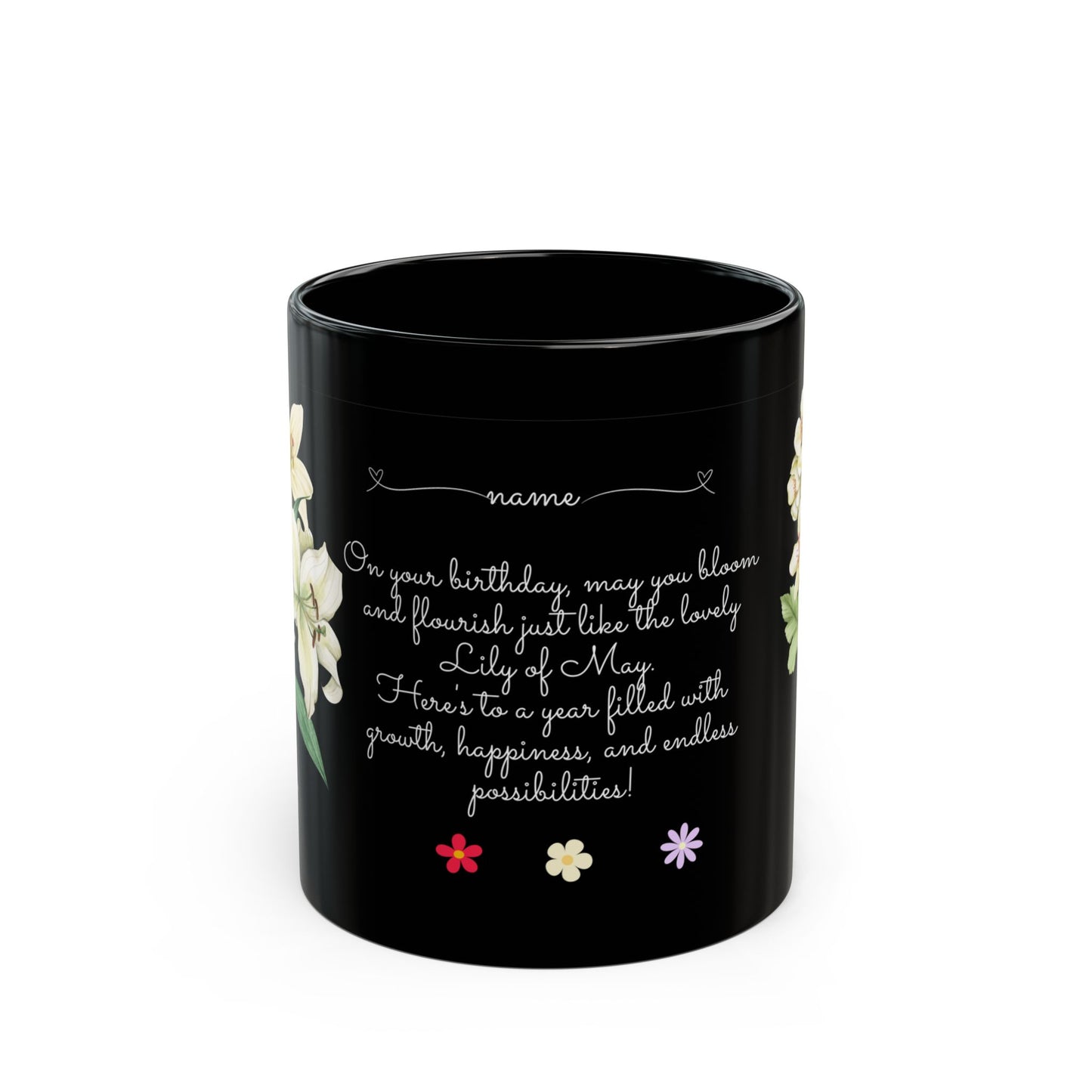 Lily & Hawthorn Birth Flowers for May - Black Mug (11oz, 15oz) - 10107