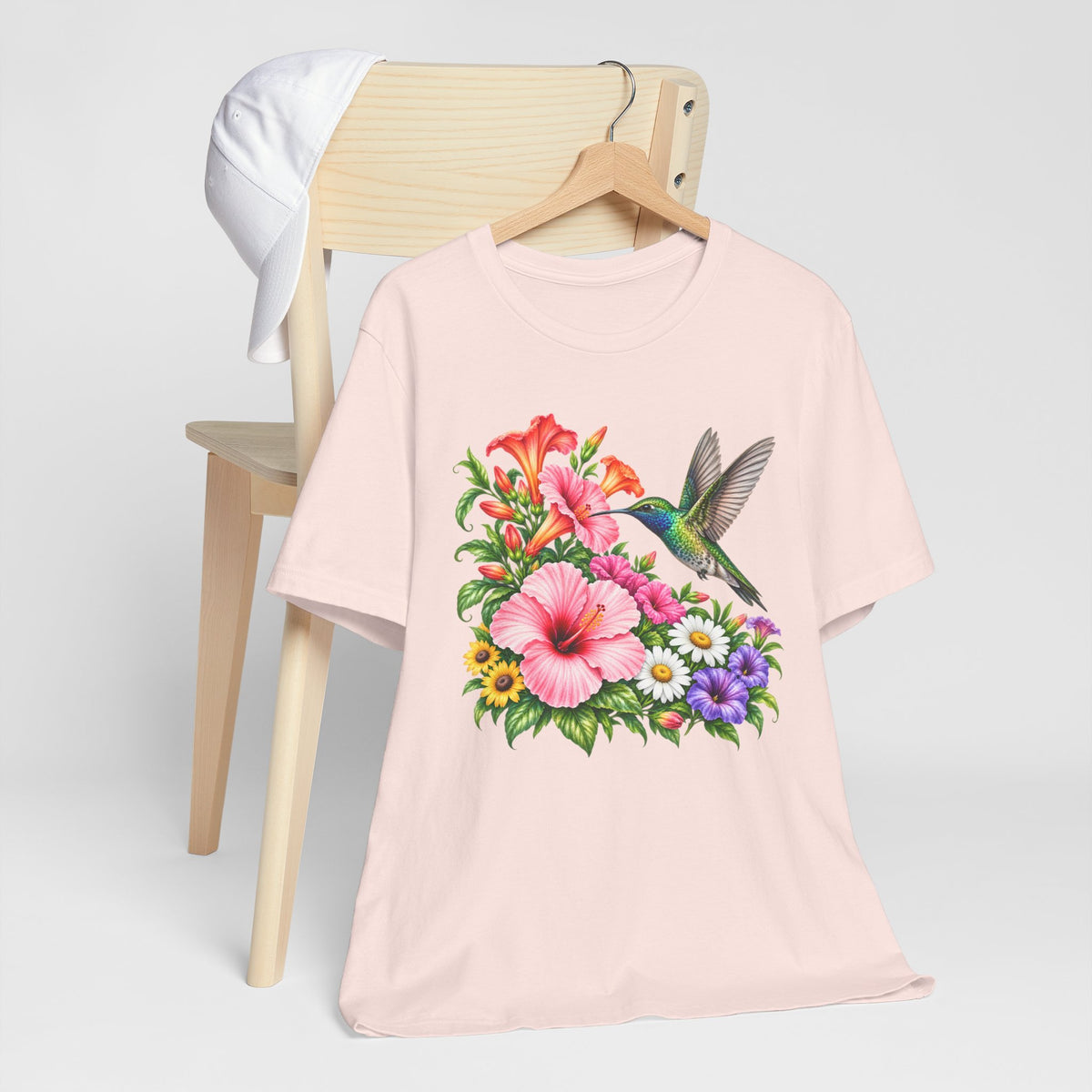Hummingbird & Hibiscus T-Shirt, Colorful Tropical Floral Garden Tee - 14542