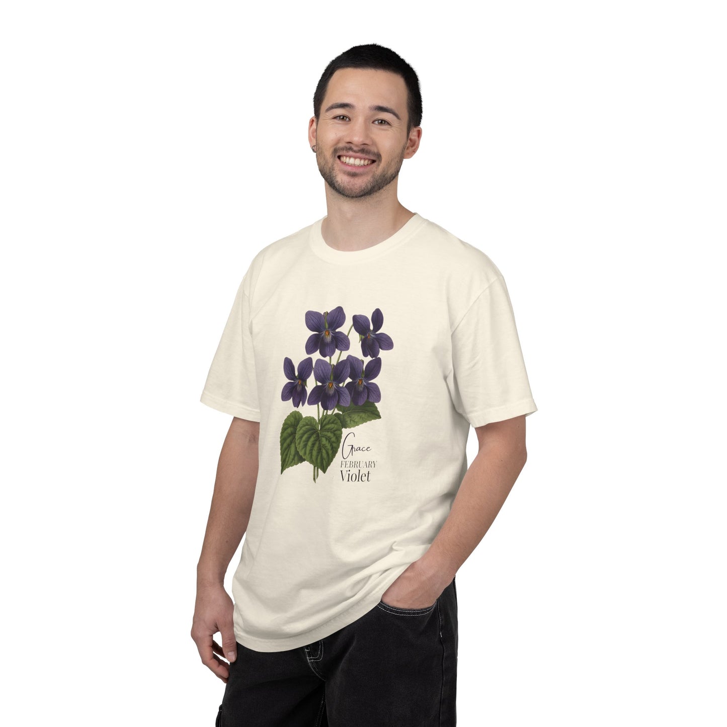 February Birth Flower Violet T-Shirt – Heavyweight Garment-Dyed Tee - 14694