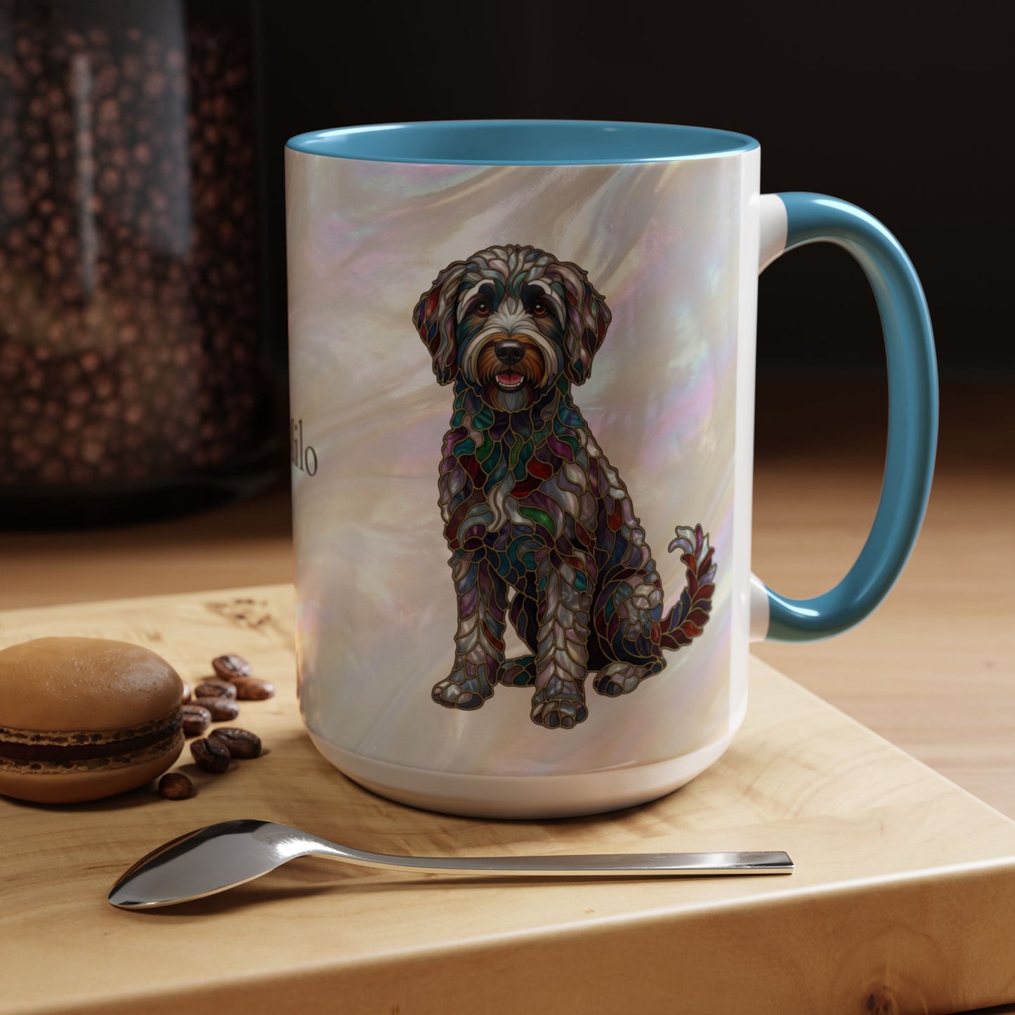 Personalized Labradoodle Dog Mug — Custom Name Accent Coffee Mug (11/15 oz) with Stained Glass Art - 14526