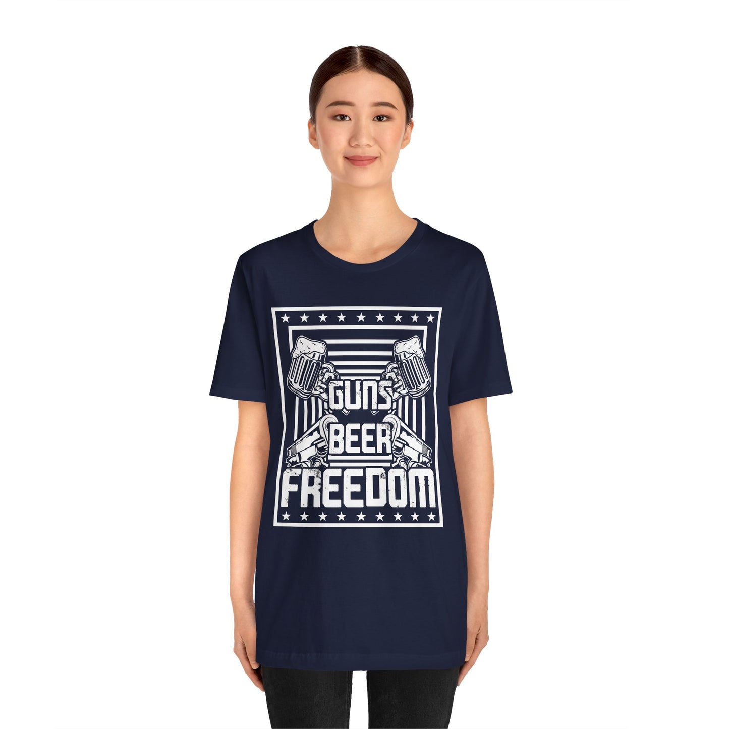 4th of July, Guns Beer Freedom Unisex Tee, Casual Shirt, Patriotic Apparel, Gift for Him, Party Tee, Everyday Wear - 13598