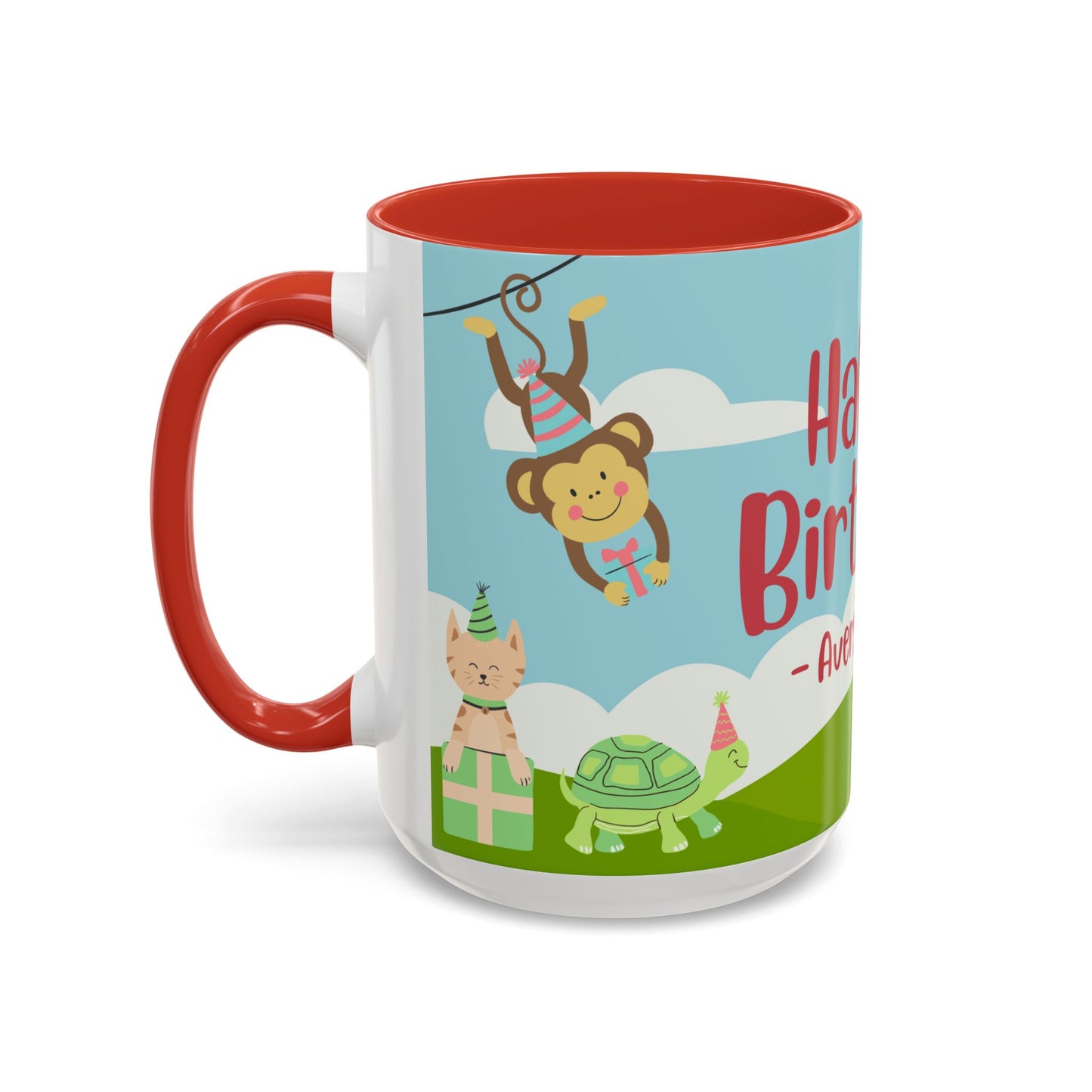 Cute Animals, Happy Birthday, Name Customizable - Accent Coffee Mug (11, 15oz) - 11140
