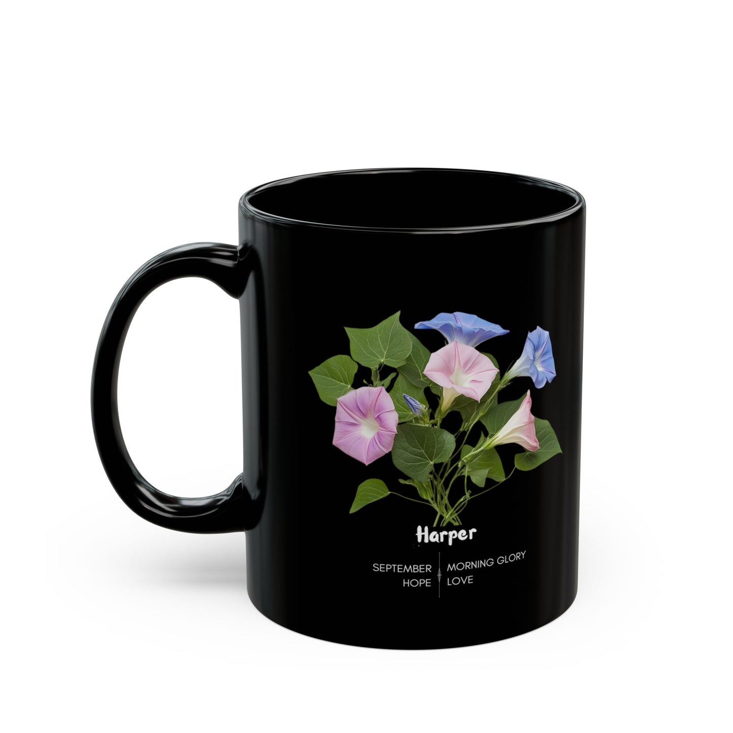 The Happy Birthday: September Born, Morning Glory Flower, Customizable - Black Mug (11oz, 15oz)