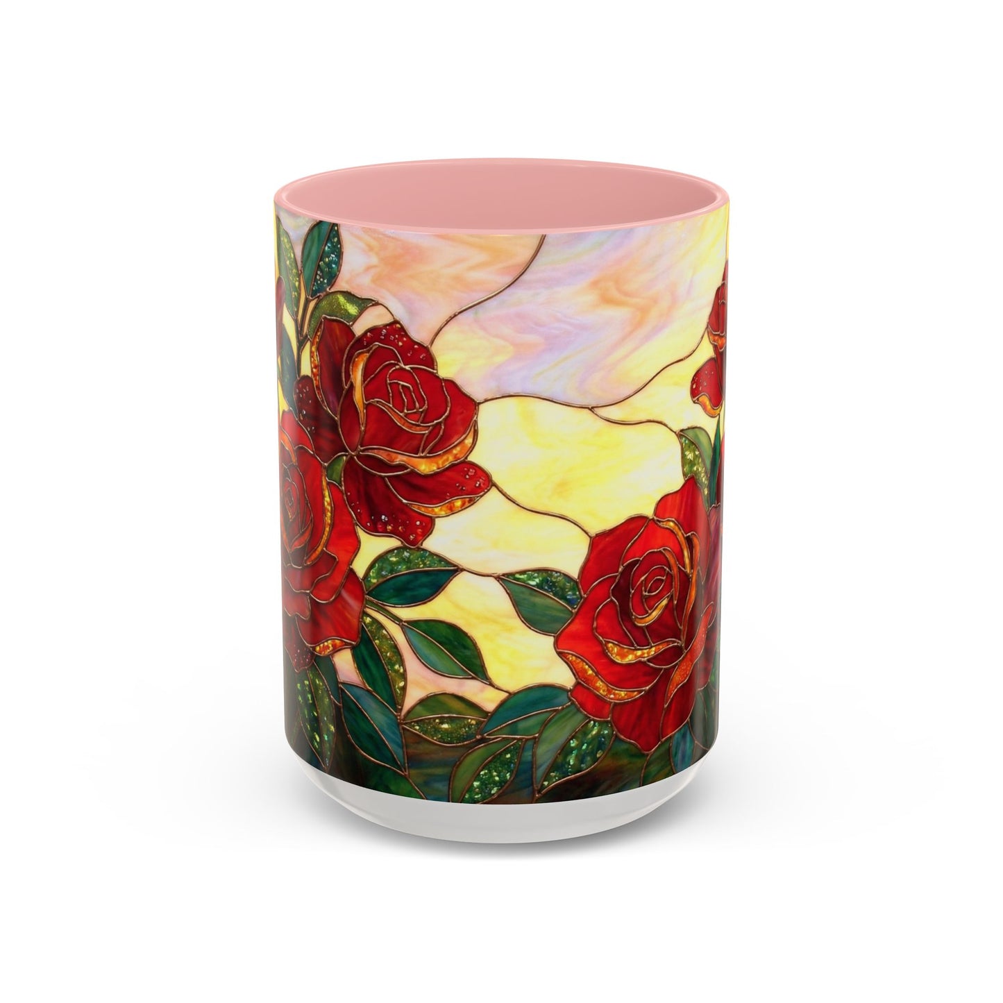 Rose Stained Glass Accent Coffee Mug – Red Roses Floral 11/15oz - 14539