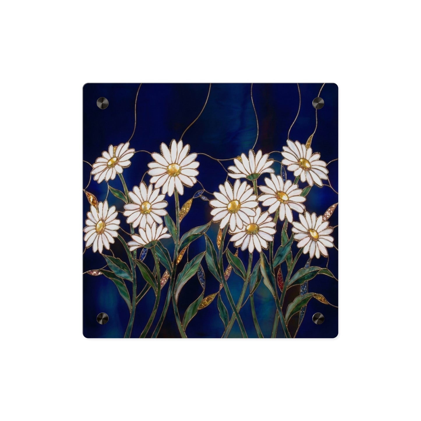 Daisy Stained-Glass Acrylic Wall Art Panel — White Daisies on Deep Blue Background - 14602