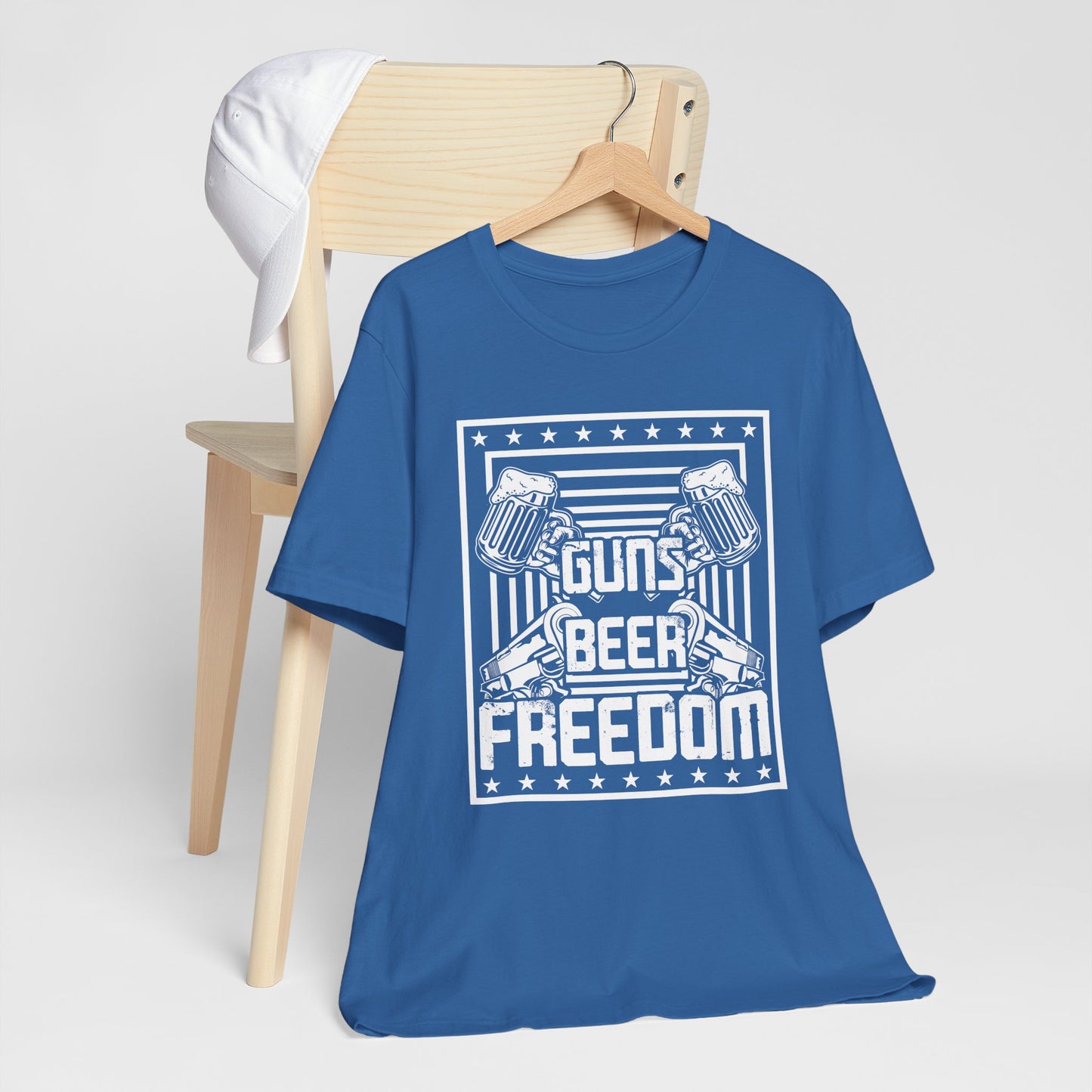 4th of July, Guns Beer Freedom Unisex Tee, Casual Shirt, Patriotic Apparel, Gift for Him, Party Tee, Everyday Wear - 13598