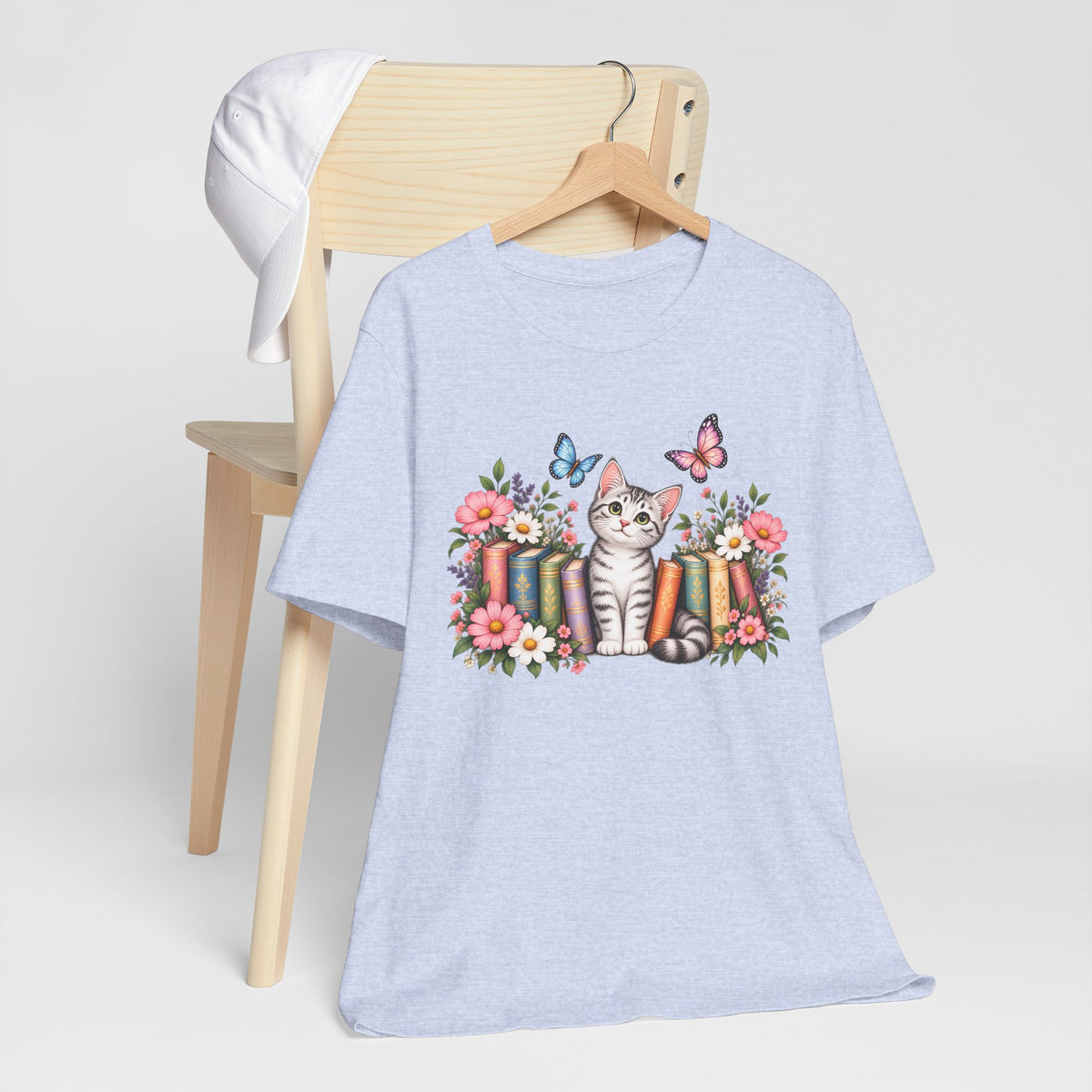 Cat & Books T-Shirt, Cute Floral Kitten & Butterfly Tee - 14526