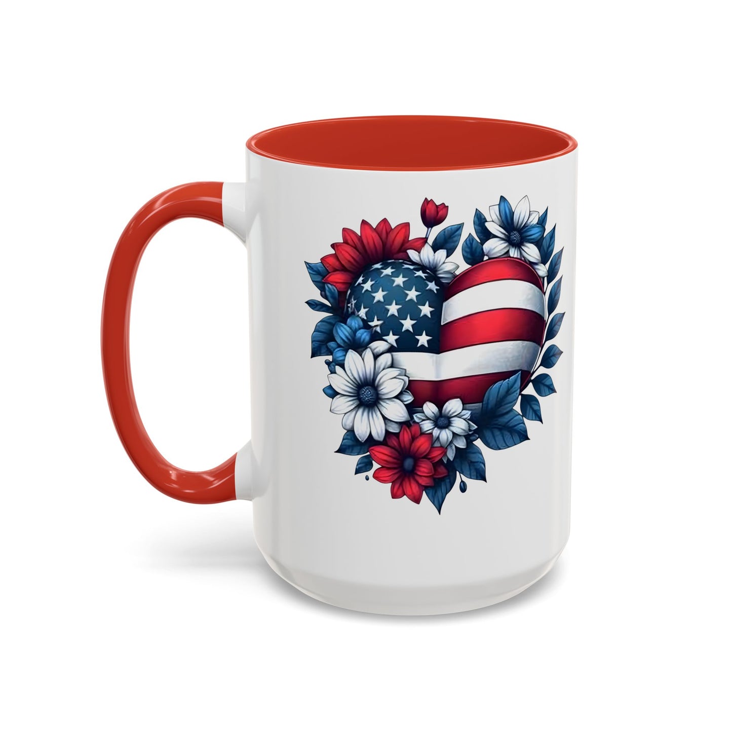 America 250th Anniversary Mug – Patriotic Heart American Flag Floral Accent Coffee Cup, USA Independence Day Gift (11oz, 15oz) - 14834