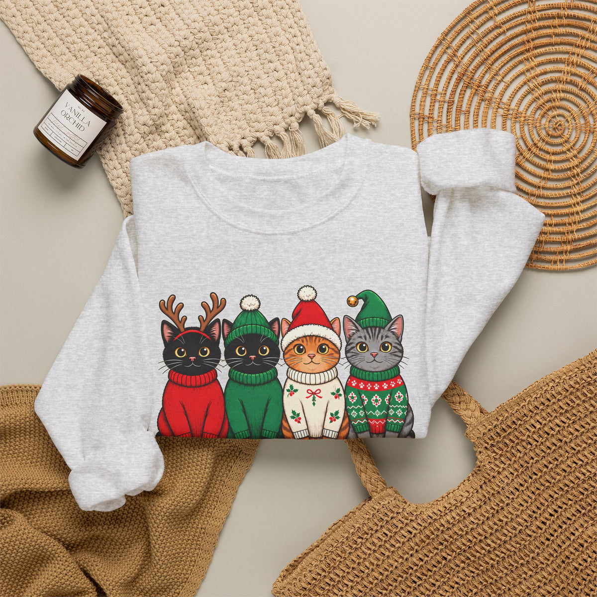 Feline Festive Sweatshirt, Cute Christmas Cats Crewneck - 14564