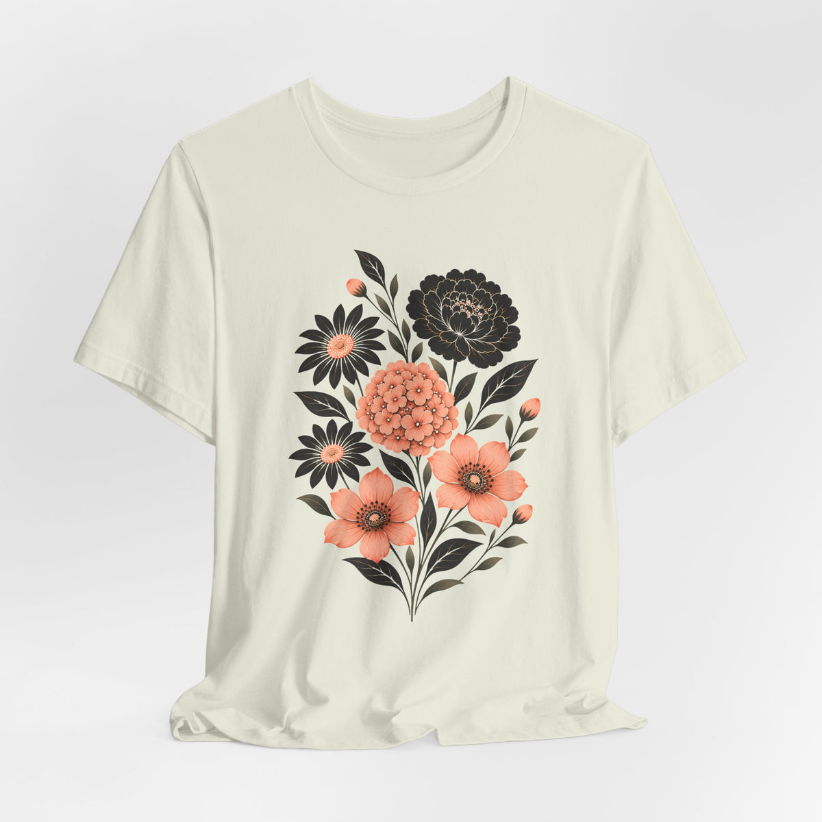 Floral Bouquet T-Shirt, Peach & Black Garden Flower Tee - 14502