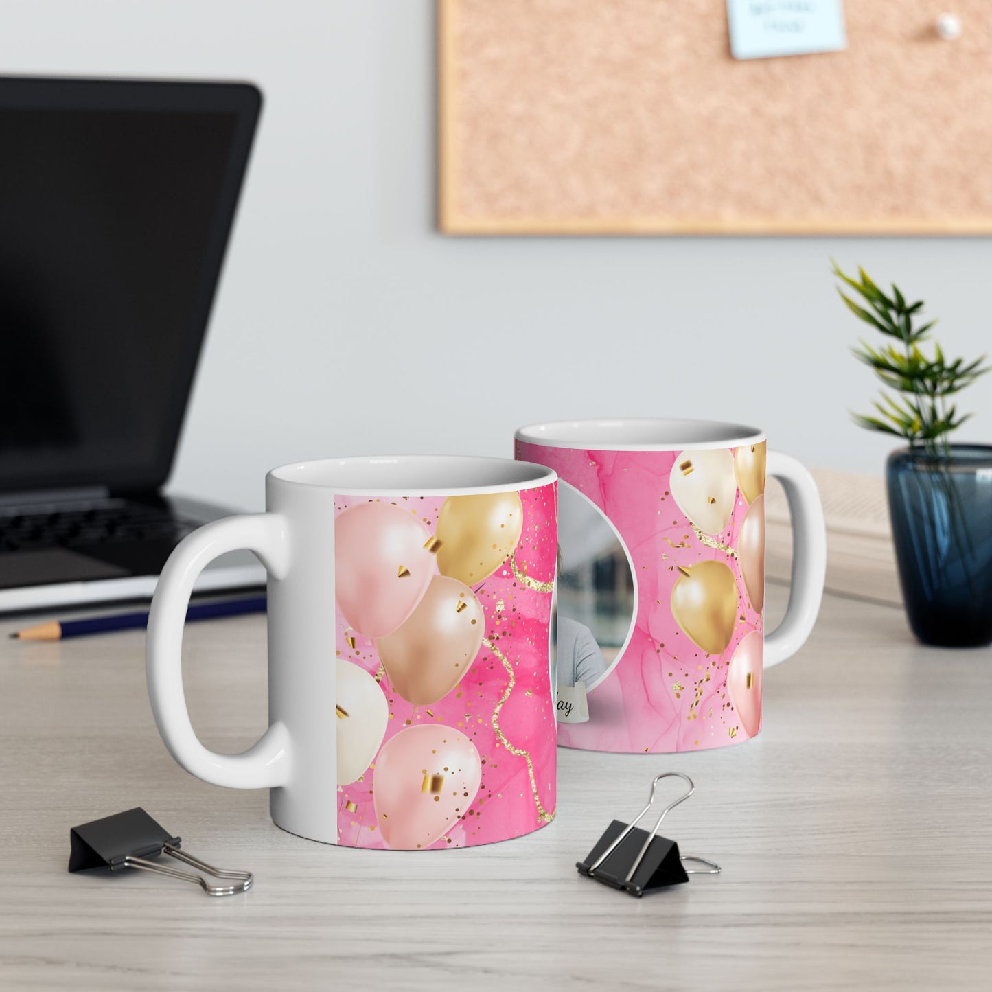 Happy Birthday Ceramic Mug, Personalized Gift, Celebration Drinkware, Pink Balloon Coffee Cup, Custom Photo Mug - 13992