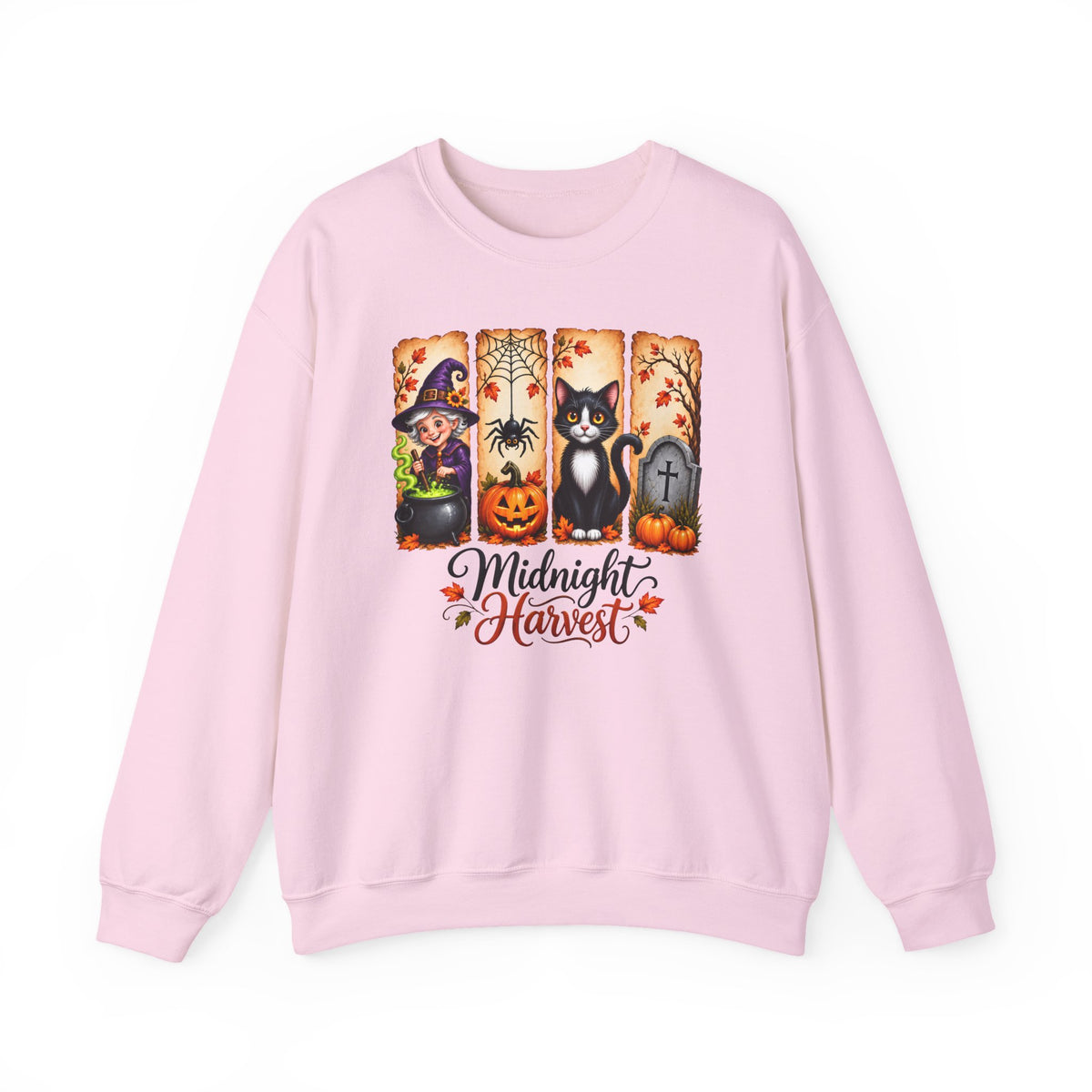 Midnight Harvest Halloween Sweatshirt, Witch, Black Cat, Pumpkins & Spooky Fall Crewneck - 14514