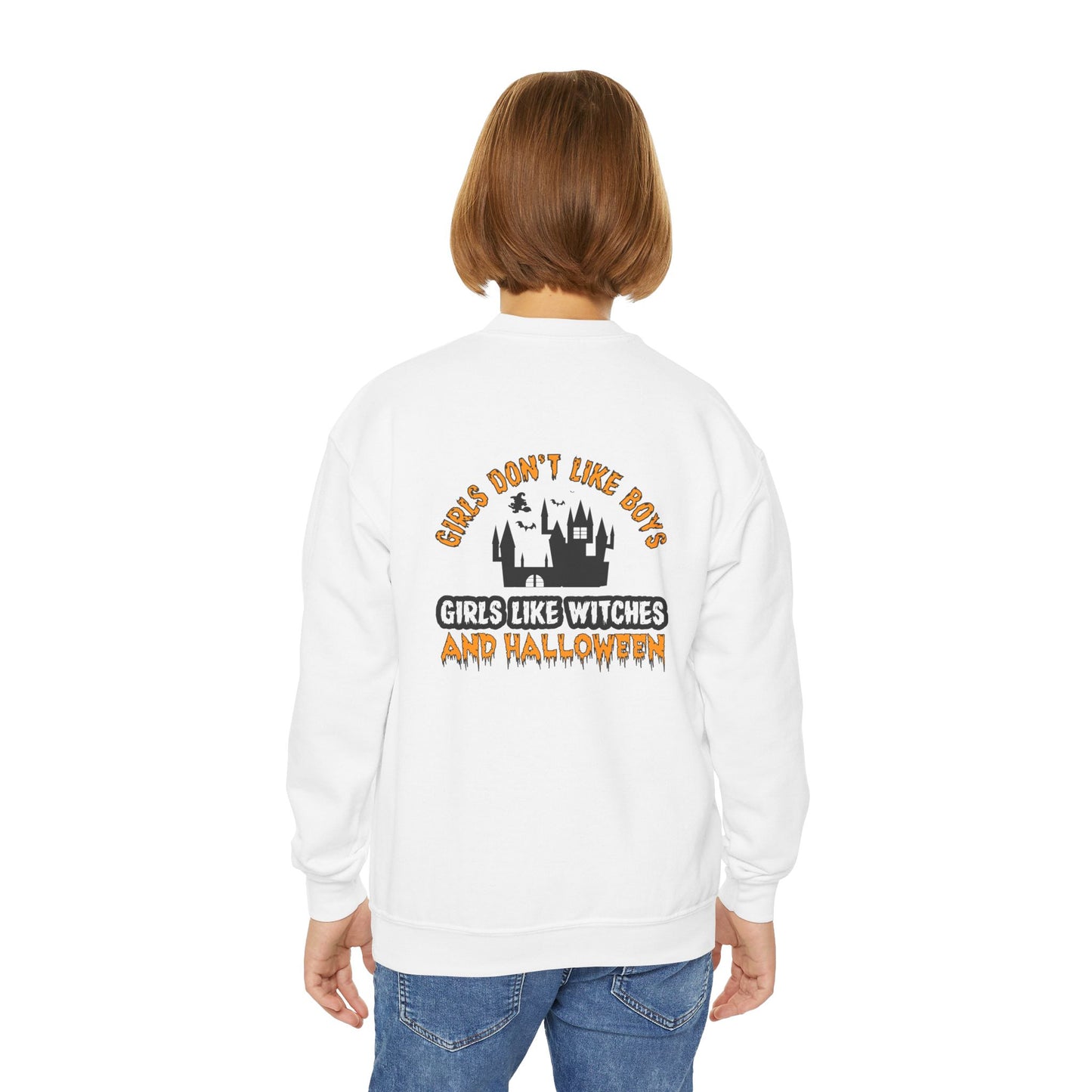 Girls Don't Like Boys. Girls Like Witches and Halloween - Youth Crewneck Sweatshirt