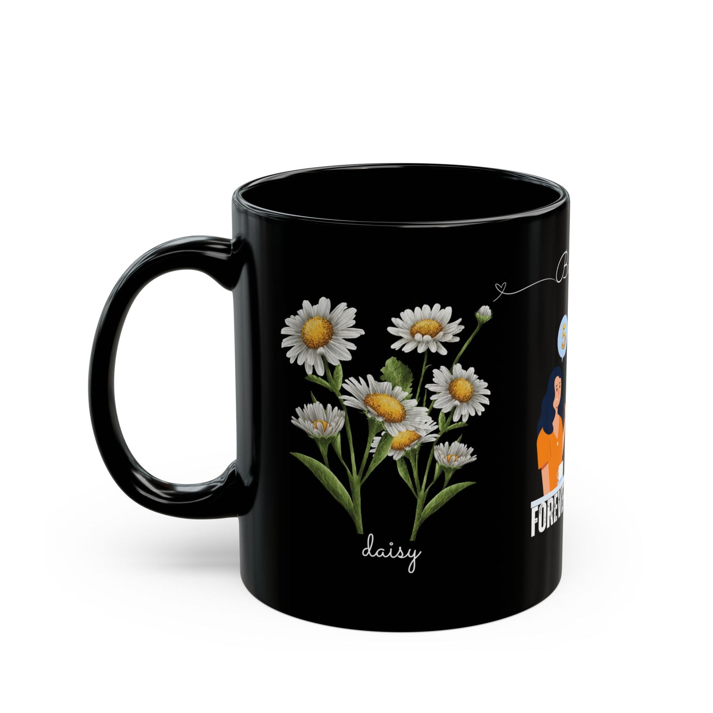 Happy Birthday, April, Featuring Daisy and Sweet Pea - Customizable - Ceramic Black Mug (11oz, 15oz) - 10480