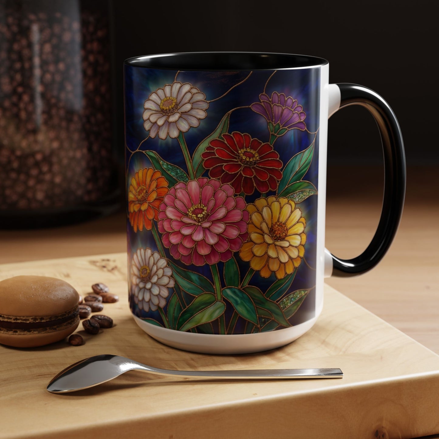 Zinnias Floral Accent Coffee Mug — Stained Glass Design 11/15oz - 14591