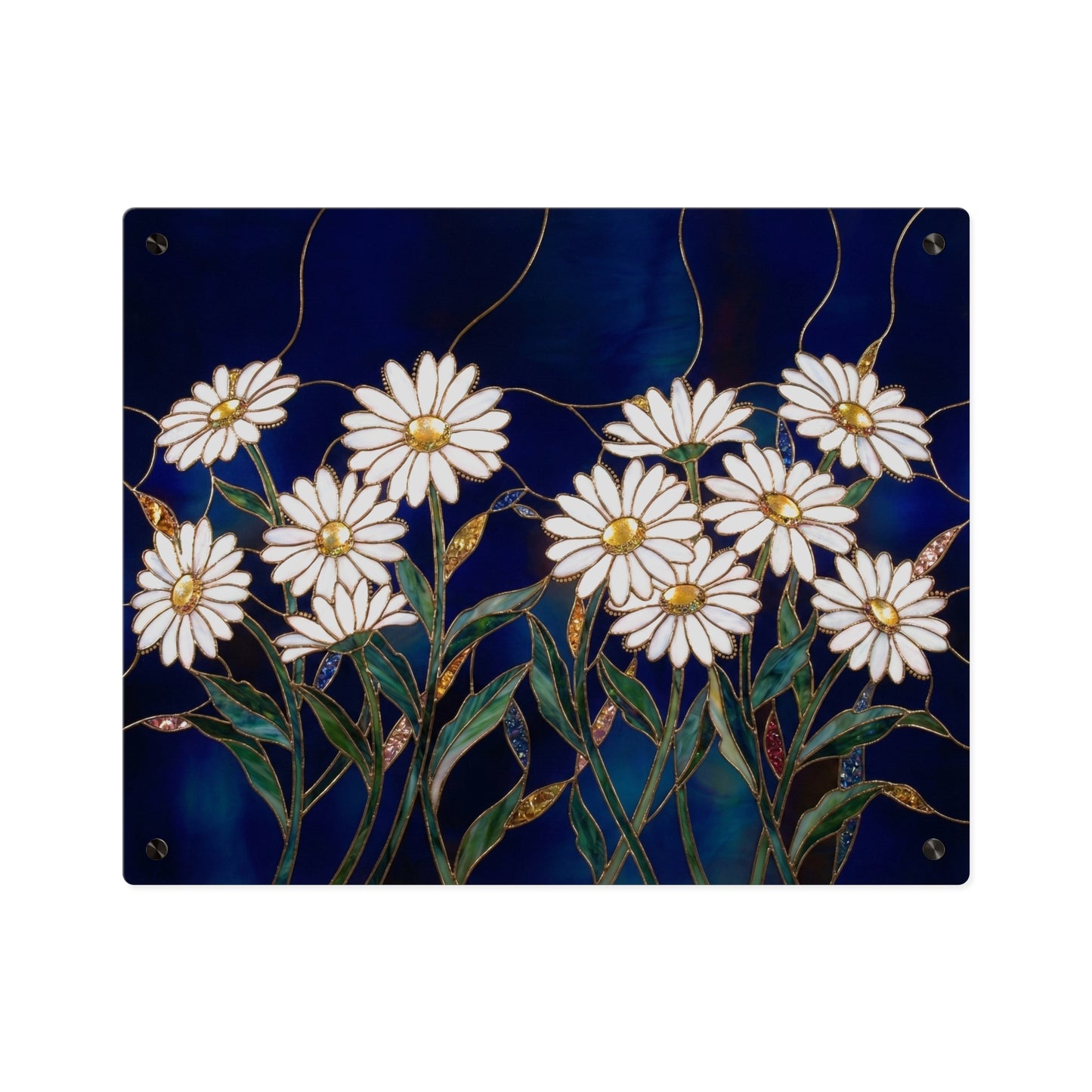 Daisy Stained-Glass Acrylic Wall Art Panel — White Daisies on Deep Blue Background - 14602