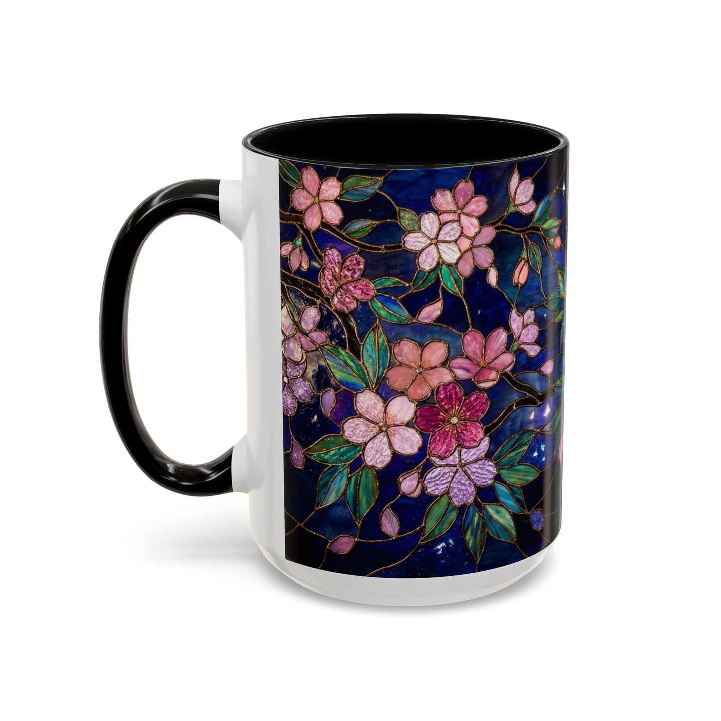 Cherry Blossom Lantern Coffee Mug — Floral Night Sky, Stained Glass Design (11/15 oz) - 14533