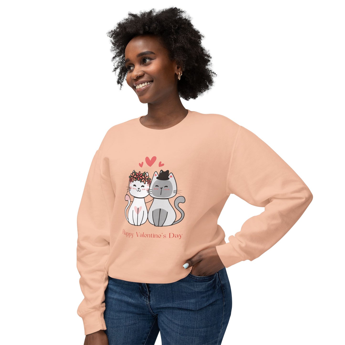 Two Cats, Happy Valentine's Day - Unisex Lightweight Crewneck Sweatshirt - 11387
