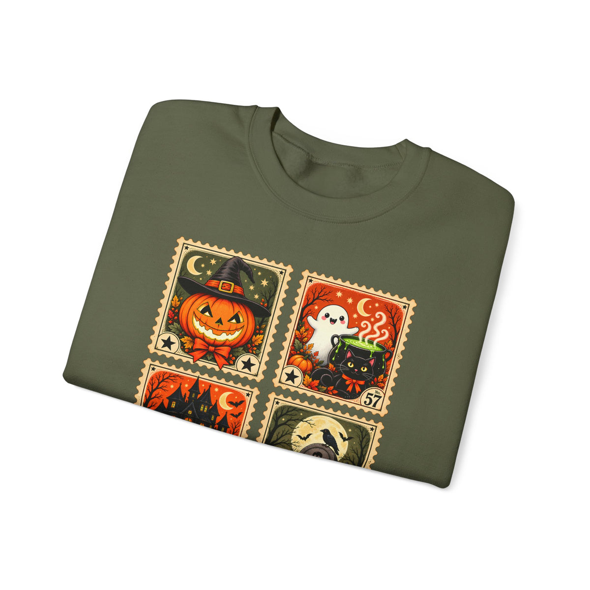 Vintage Halloween Stamp Sweatshirt, Spooky Pumpkin & Ghost Crewneck - 14510