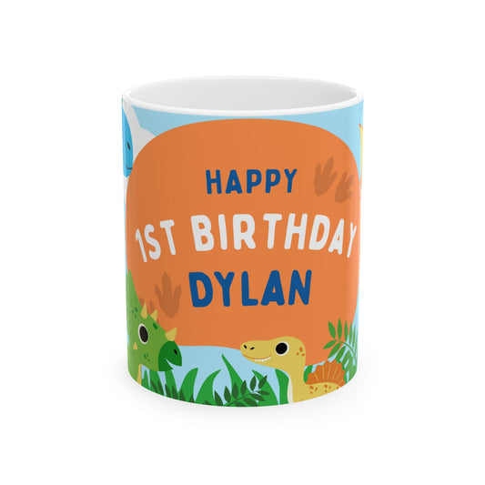 Personalized Dino Birthday Mug | Cute Dinosaur Gift, Kids Party Cup, Custom Birthday Keepsake, Fun 1st Birthday Celebration - 13975