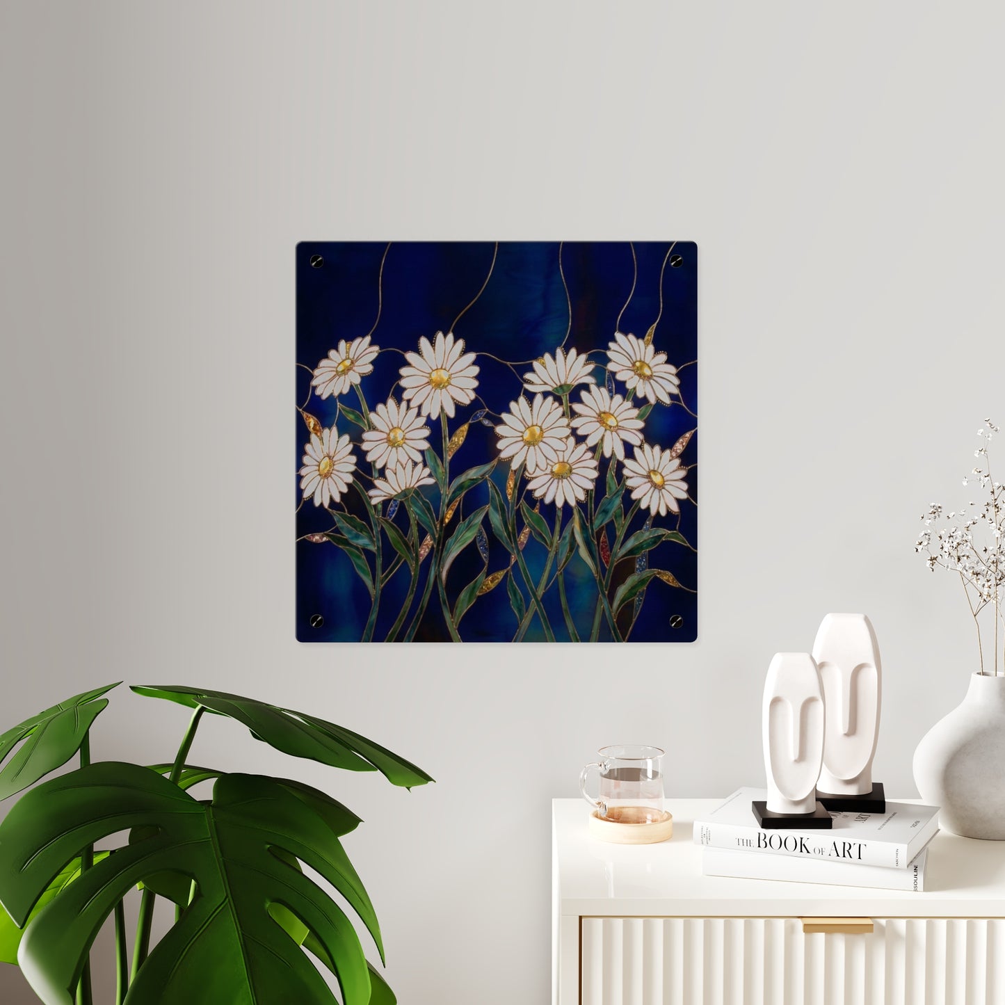Daisy Stained-Glass Acrylic Wall Art Panel — White Daisies on Deep Blue Background - 14602