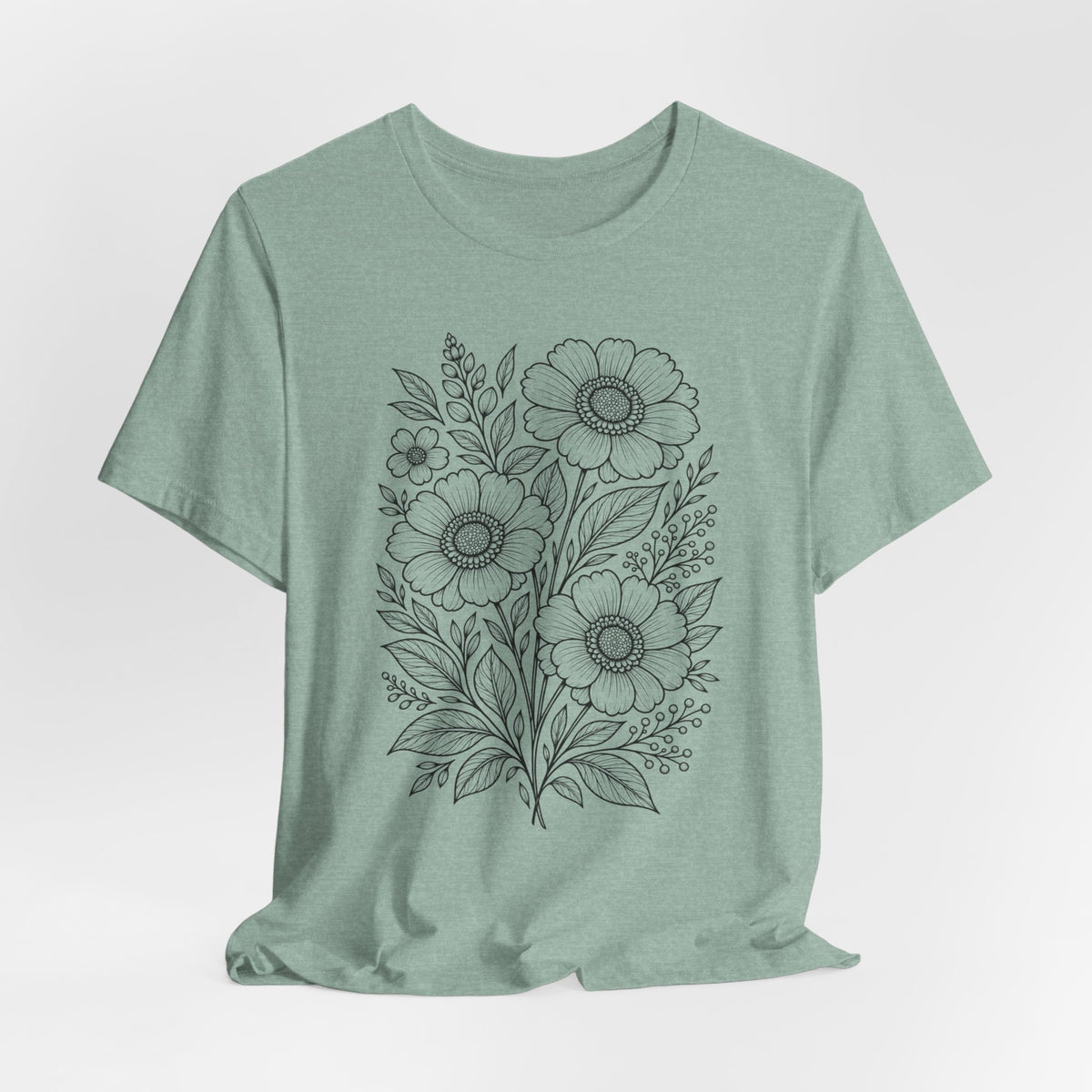 Vintage Floral Line Art T-Shirt, Botanical Wildflower Tee - 14561