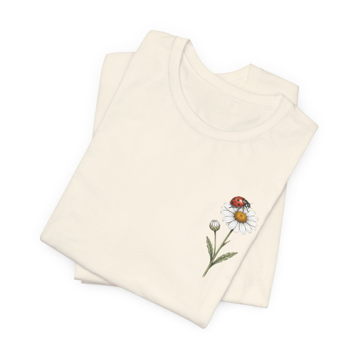 Daisy & Ladybug Floral T-Shirt, Minimal Wildflower Pocket Graphic Tee - 14963