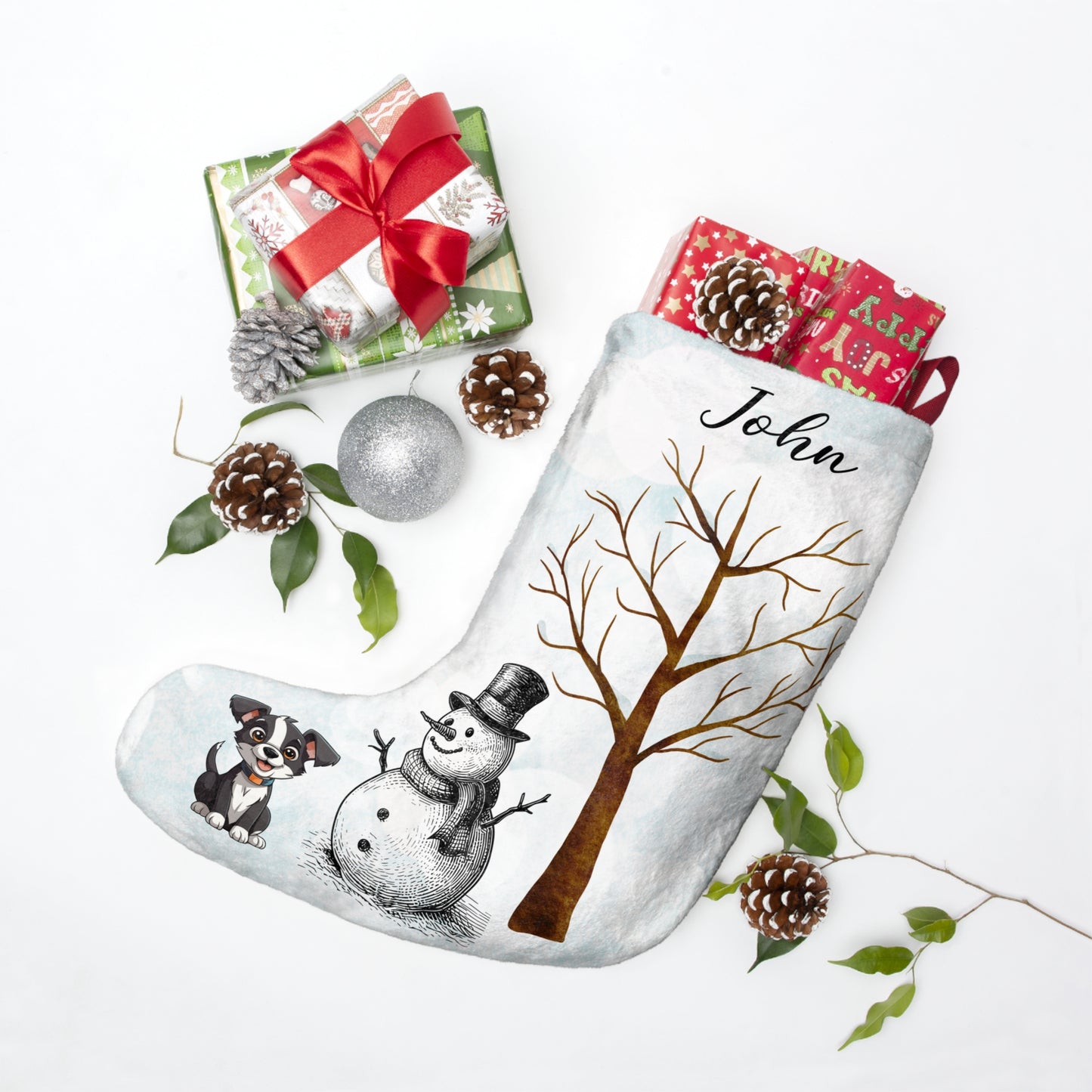 John, Snowman With a Puppy, Customizable - Christmas Stockings