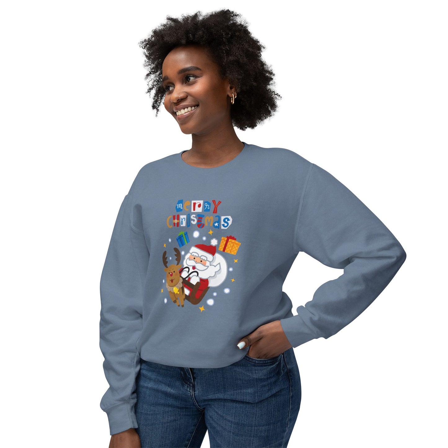 Merry Christmas, Santa & Reindeer - Unisex Lightweight Crewneck Sweatshirt - 10470