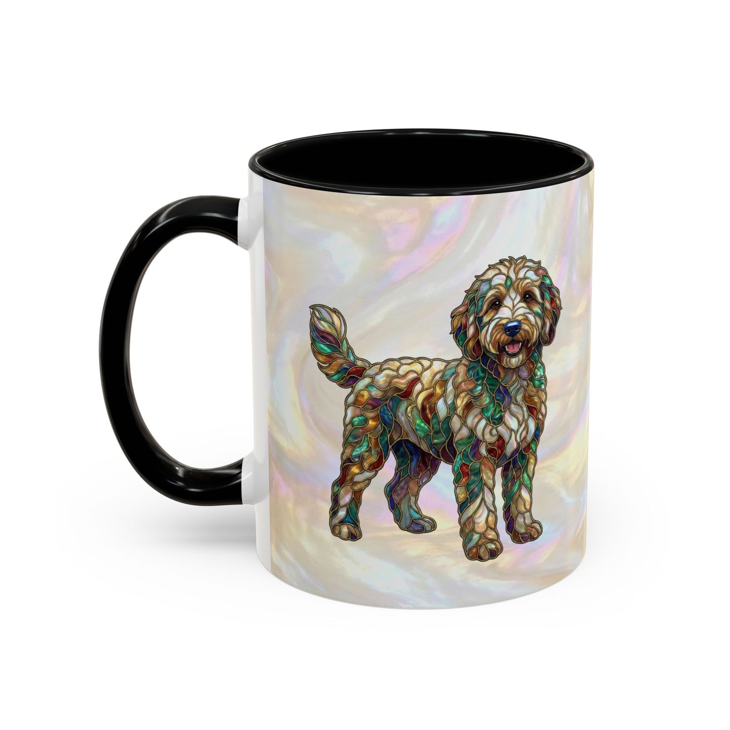 Personalized Dog (Goldendoodle) Coffee Mug - Accent Ceramic Mug with Name and Stained Glass Design - 14530