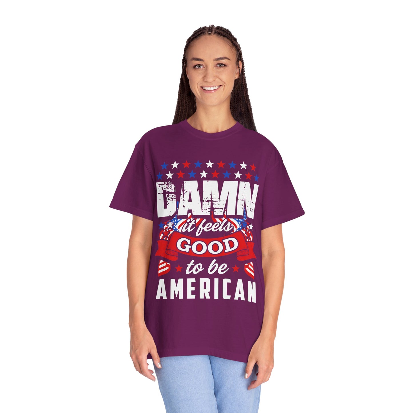 Patriotic T-Shirt with 'Damn it feels Good to be American' Design, Great for 4th of July, BBQs, and Casual Outings, Unisex Top - 13600