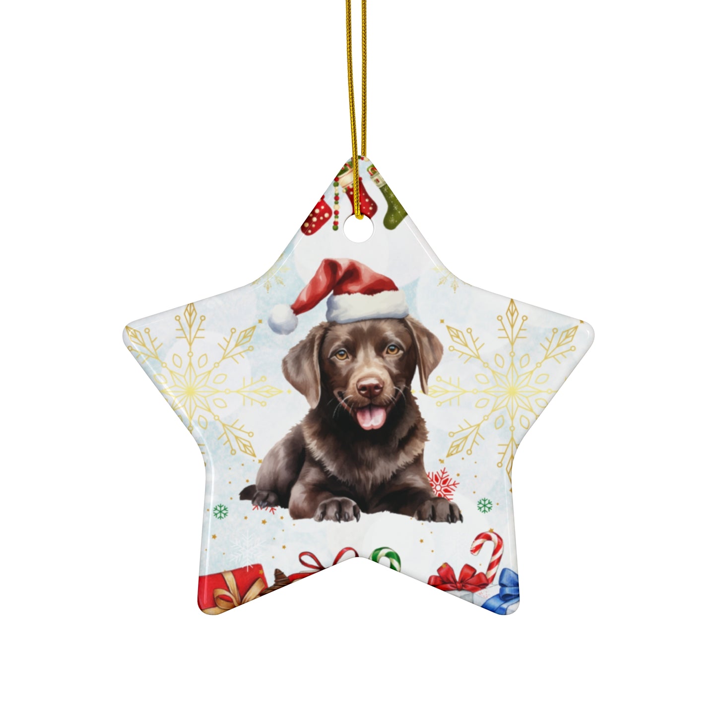 Dog with Christmas Hat - Ceramic Ornament, 4 Shapes