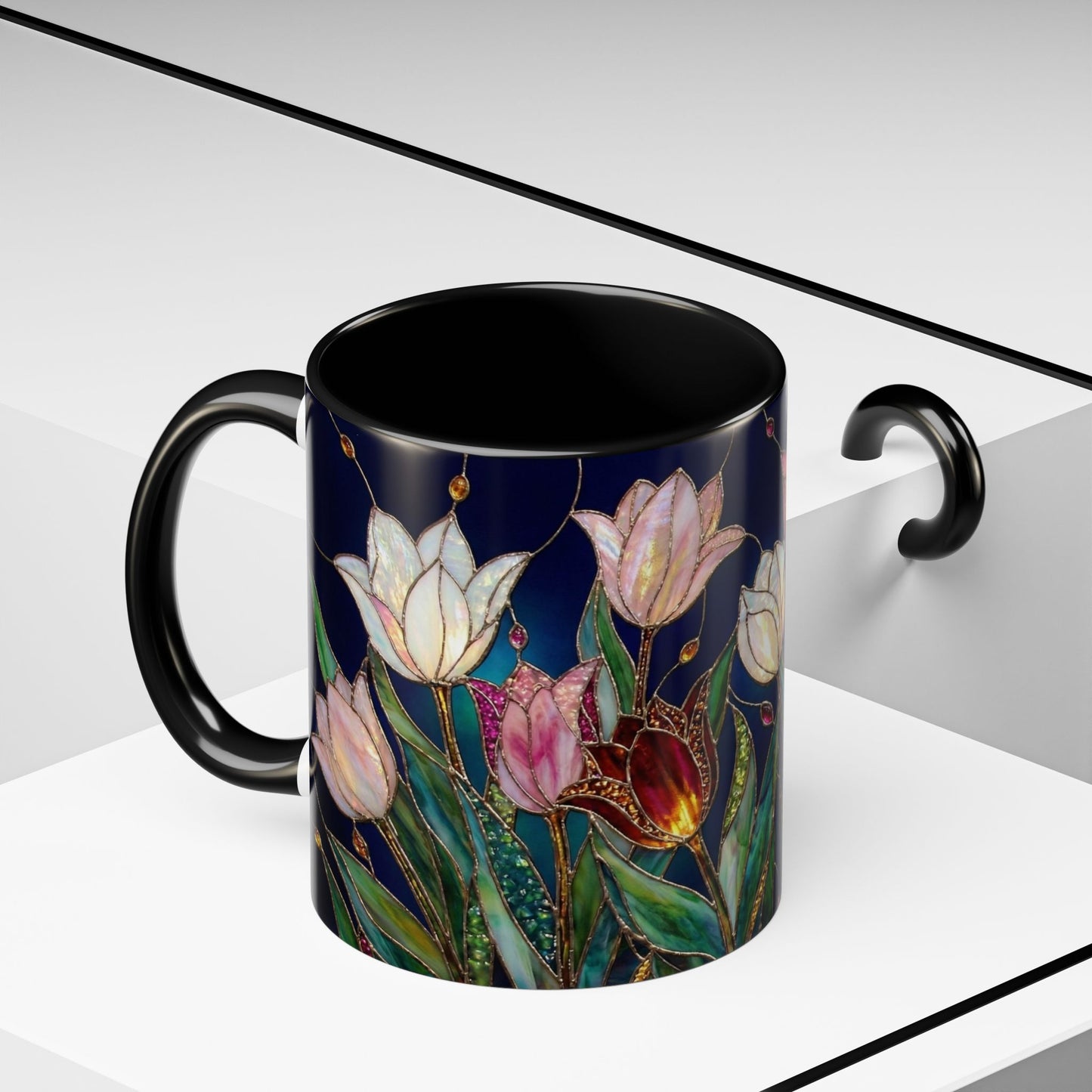 Tulip Floral Art Accent Coffee Mug — Stained Glass Design (11/15oz) - 14592
