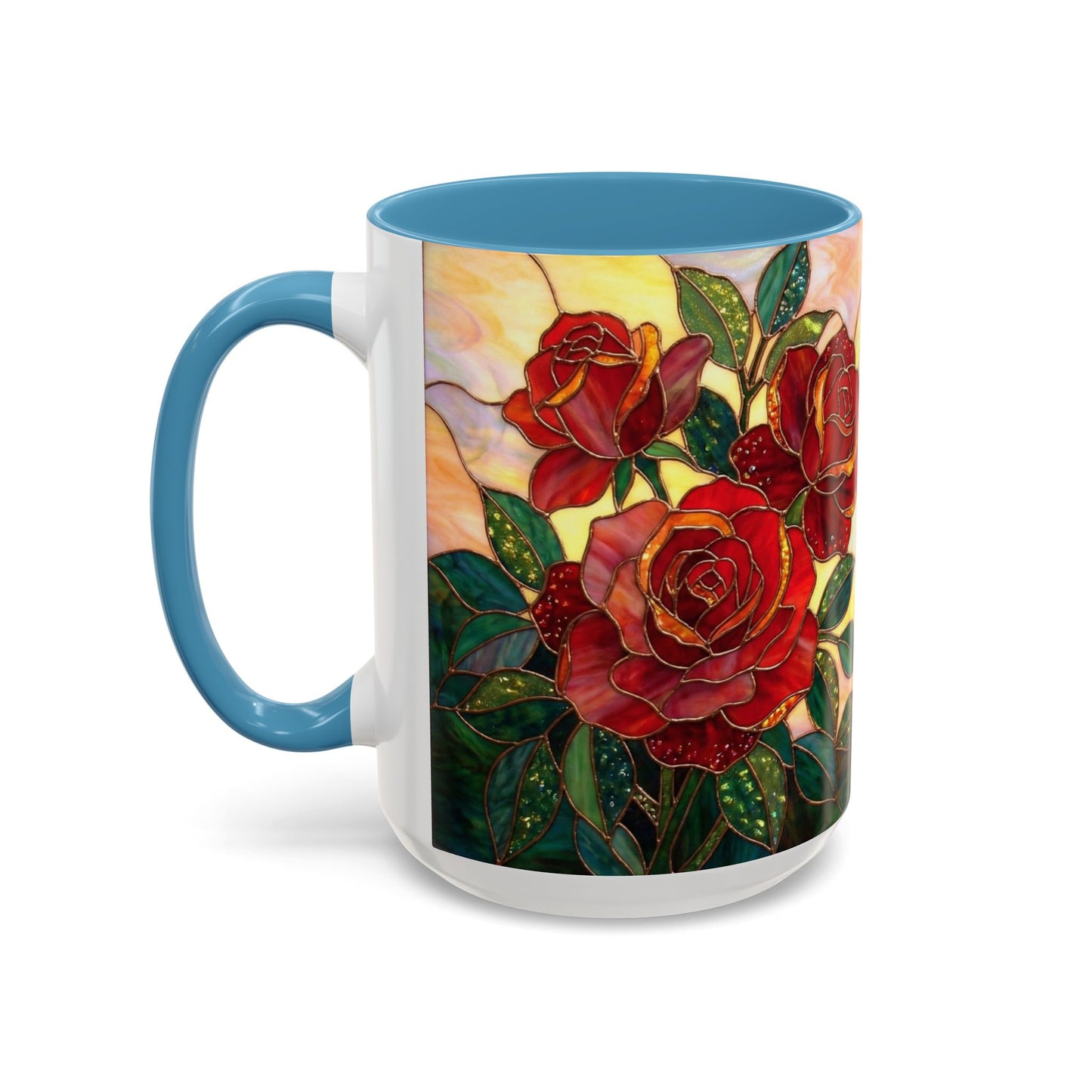 Rose Stained Glass Accent Coffee Mug – Red Roses Floral 11/15oz - 14539