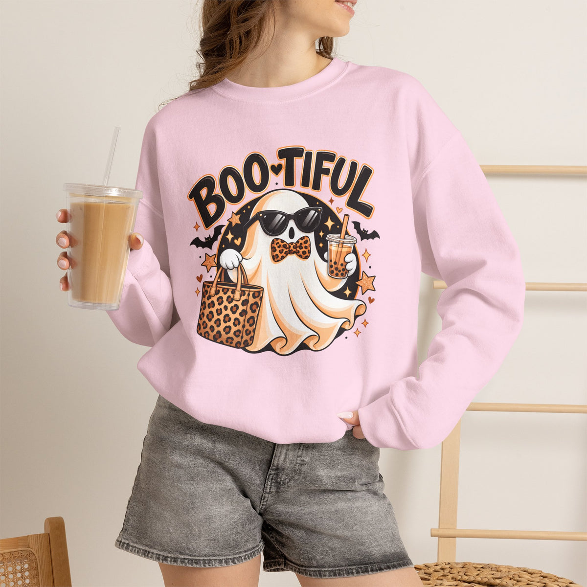 Boo-tiful Halloween Ghost Sweatshirt,  Leopard Print Crewneck - 14523