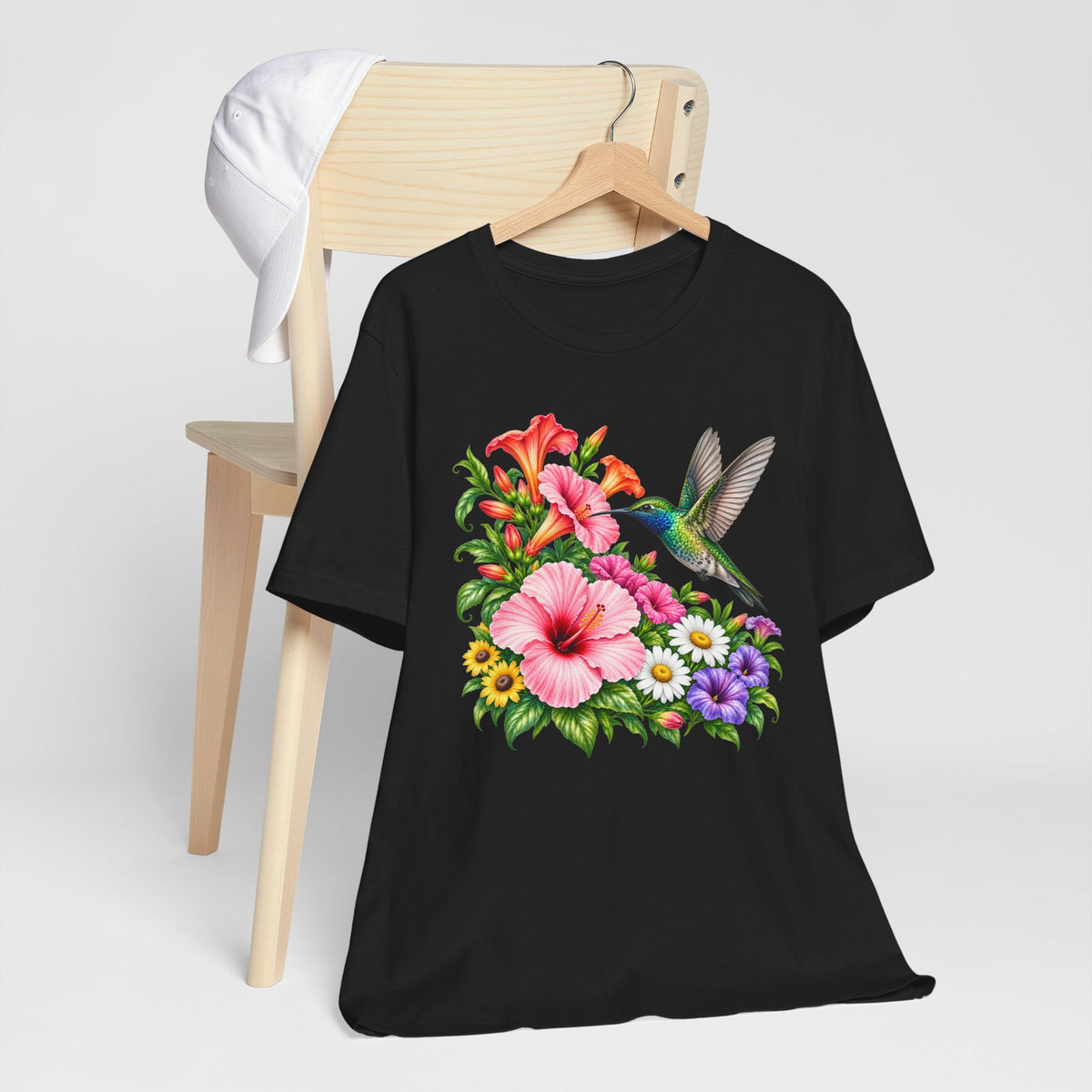 Hummingbird & Hibiscus T-Shirt, Colorful Tropical Floral Garden Tee - 14542