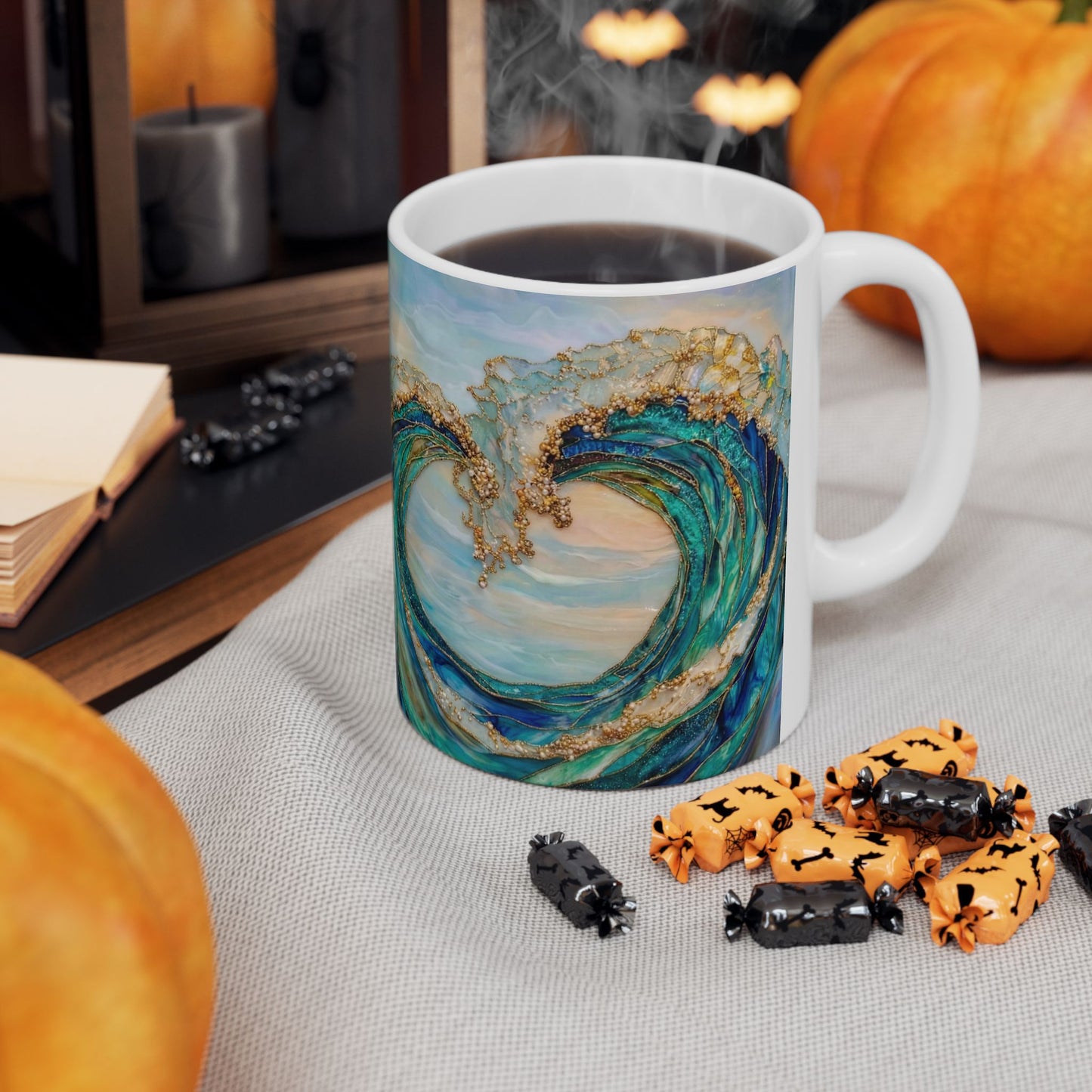 Ocean Wave Ceramic Mug — Teal & Gold Coastal Art Coffee Cup (11oz, 15oz) - 14522