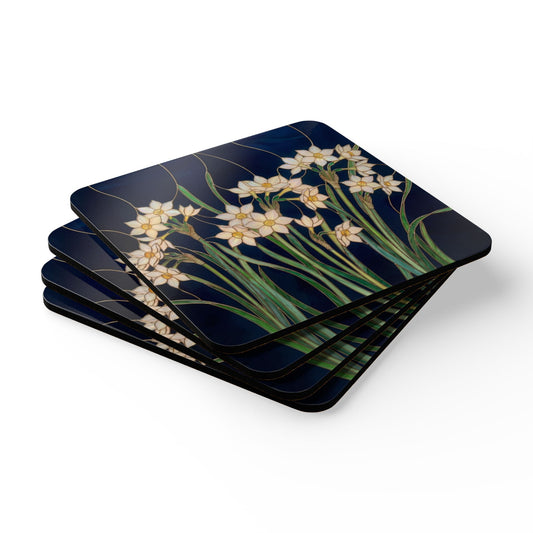 Paperwhite Narcissus Floral  Cork Coaster Set – Vintage Bouquet Drink Coasters (4-Pack) - 14622