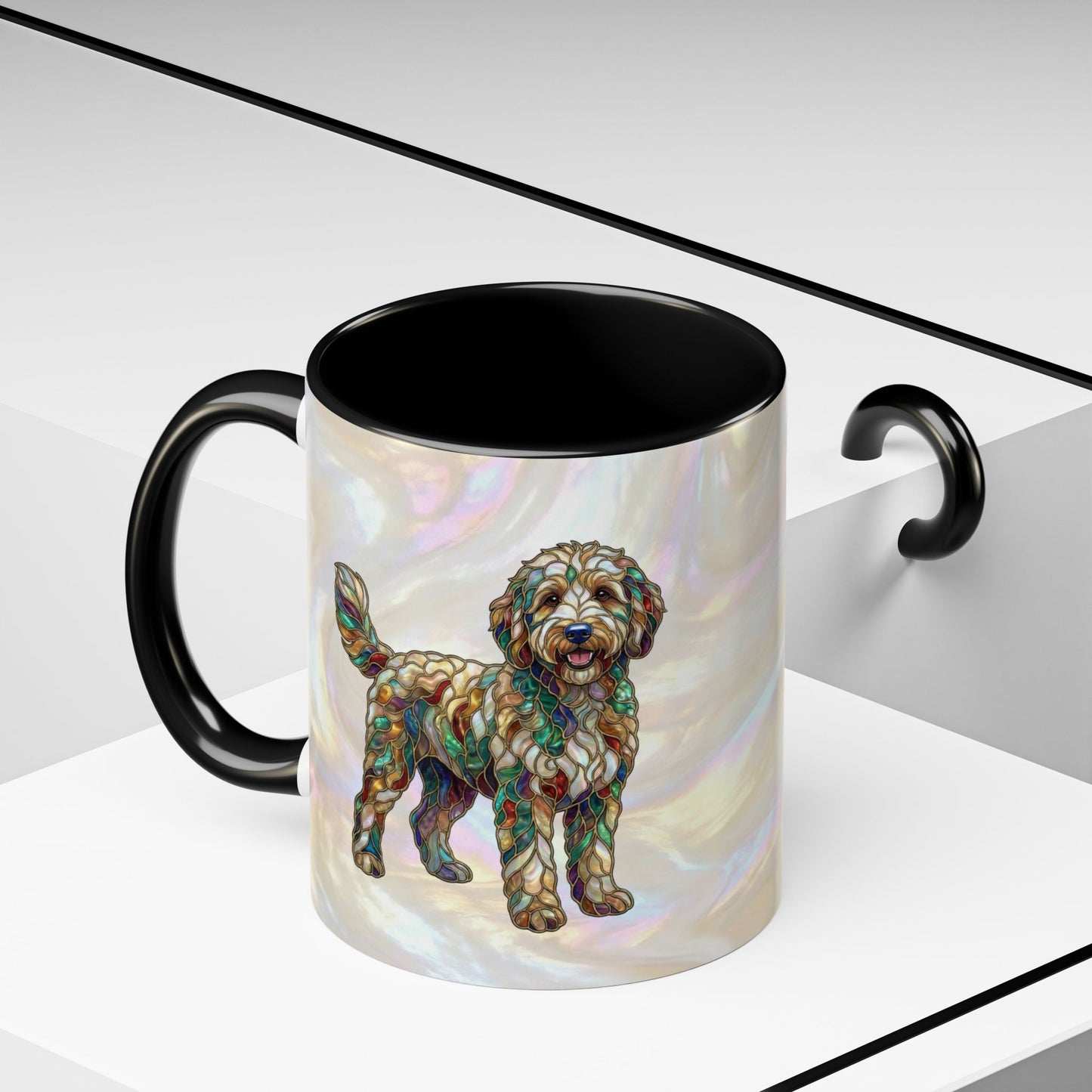 Personalized Dog (Goldendoodle) Coffee Mug - Accent Ceramic Mug with Name and Stained Glass Design - 14530