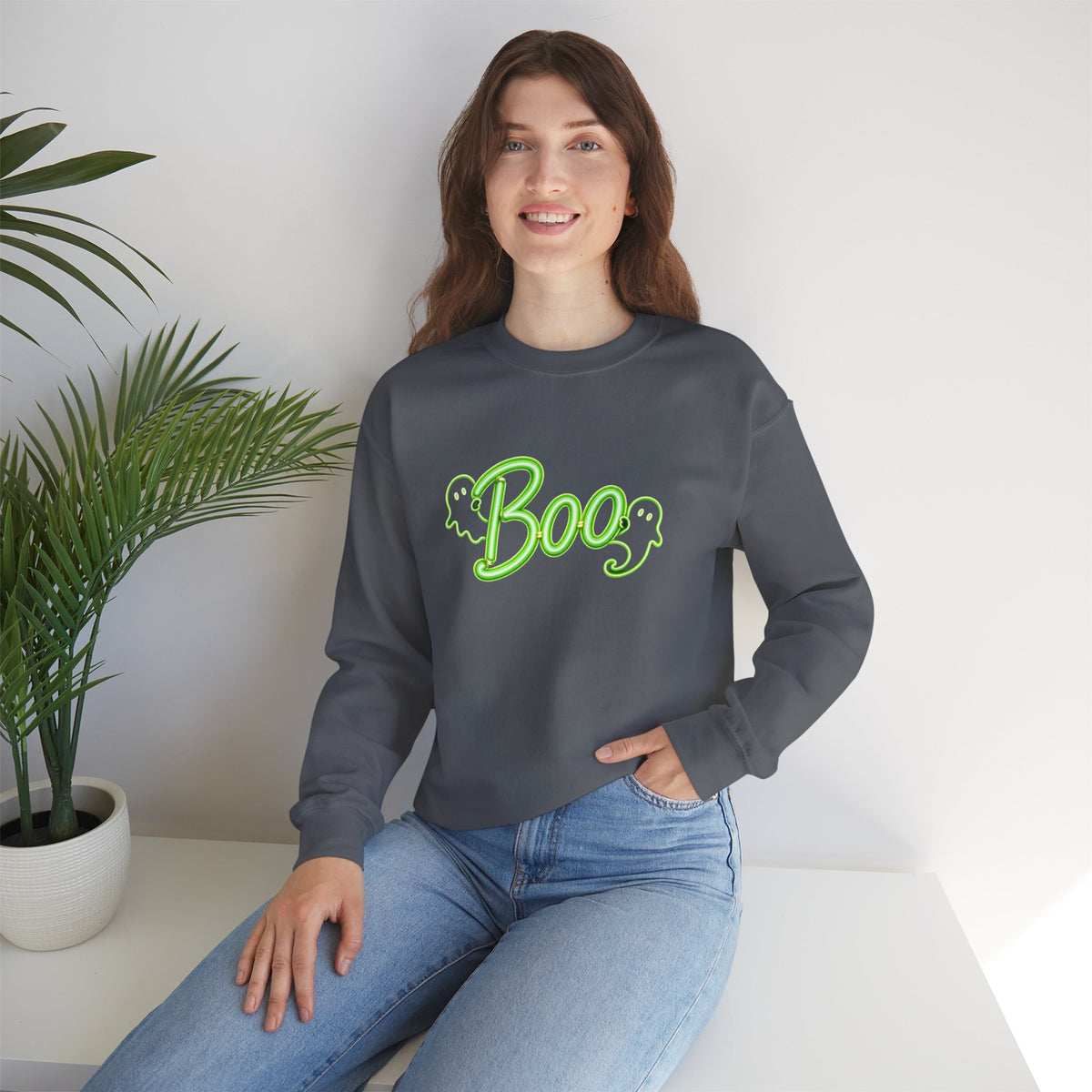 Neon Boo Halloween Sweatshirt, Cute Ghost Crewneck - 14517