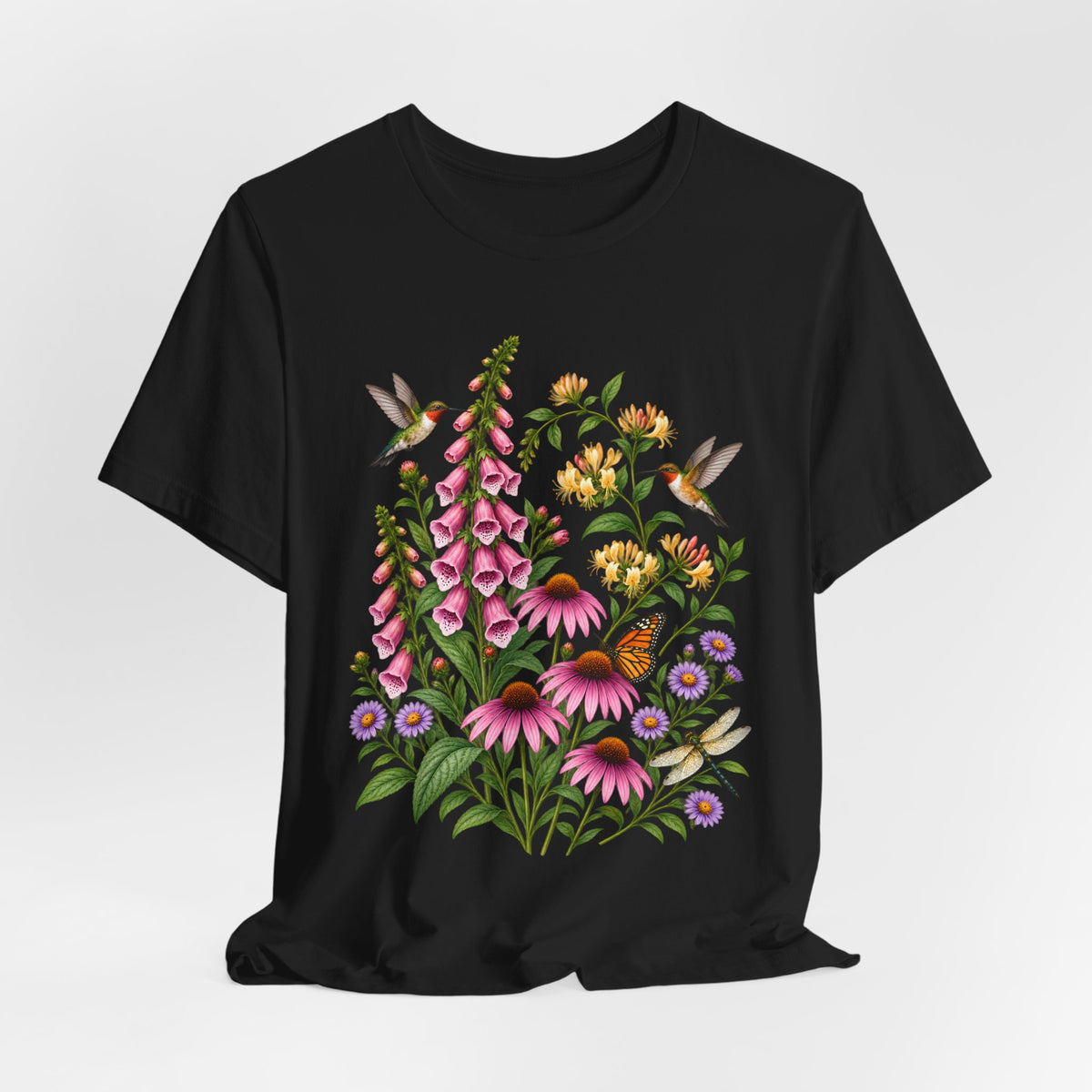Floral Hummingbird Garden T-Shirt, Wildflower & Butterfly Botanical Tee - 14547