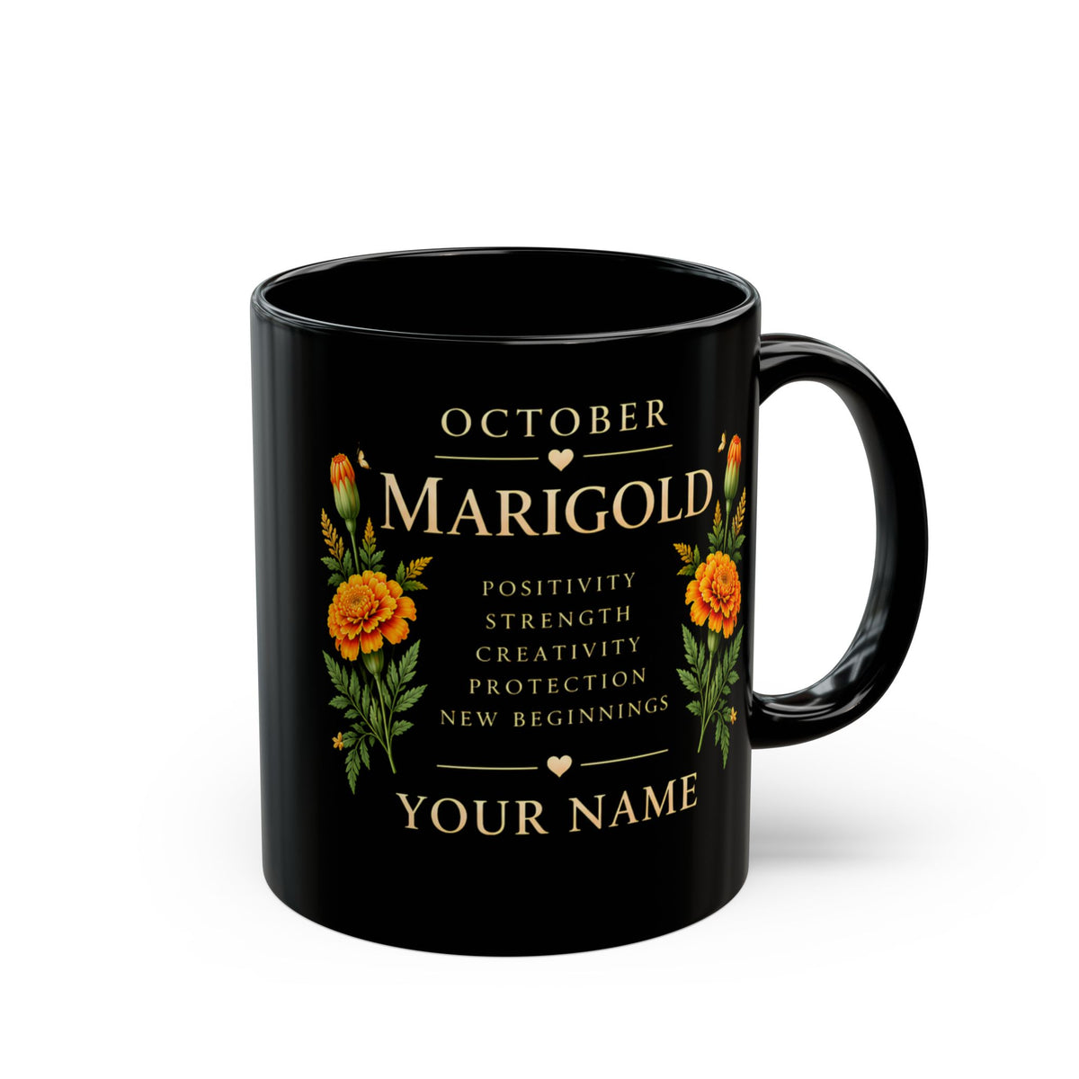 Personalized October Marigold Black Mug, Custom Name Birth Flower Coffee Cup - 14977
