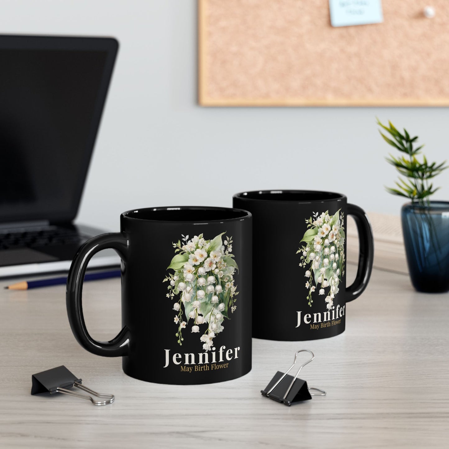 Custom Name May Birth Flower Mug – Lily of the Valley Personalized 15oz Black Mug Gift for Her - 14885