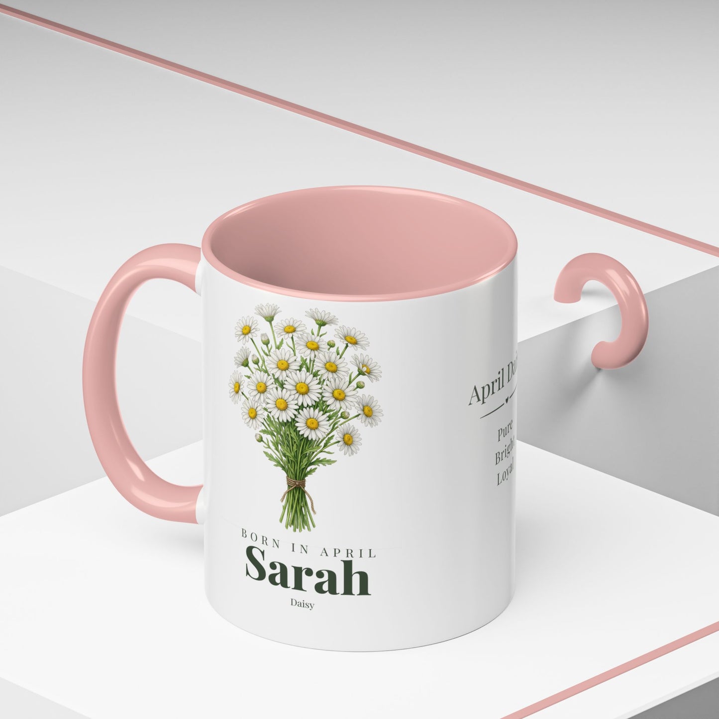 Personalized April Daisy Birth Flower Mug – Custom Name Floral Accent Coffee Cup, April Birthday Gift (11oz, 15oz) - 14833